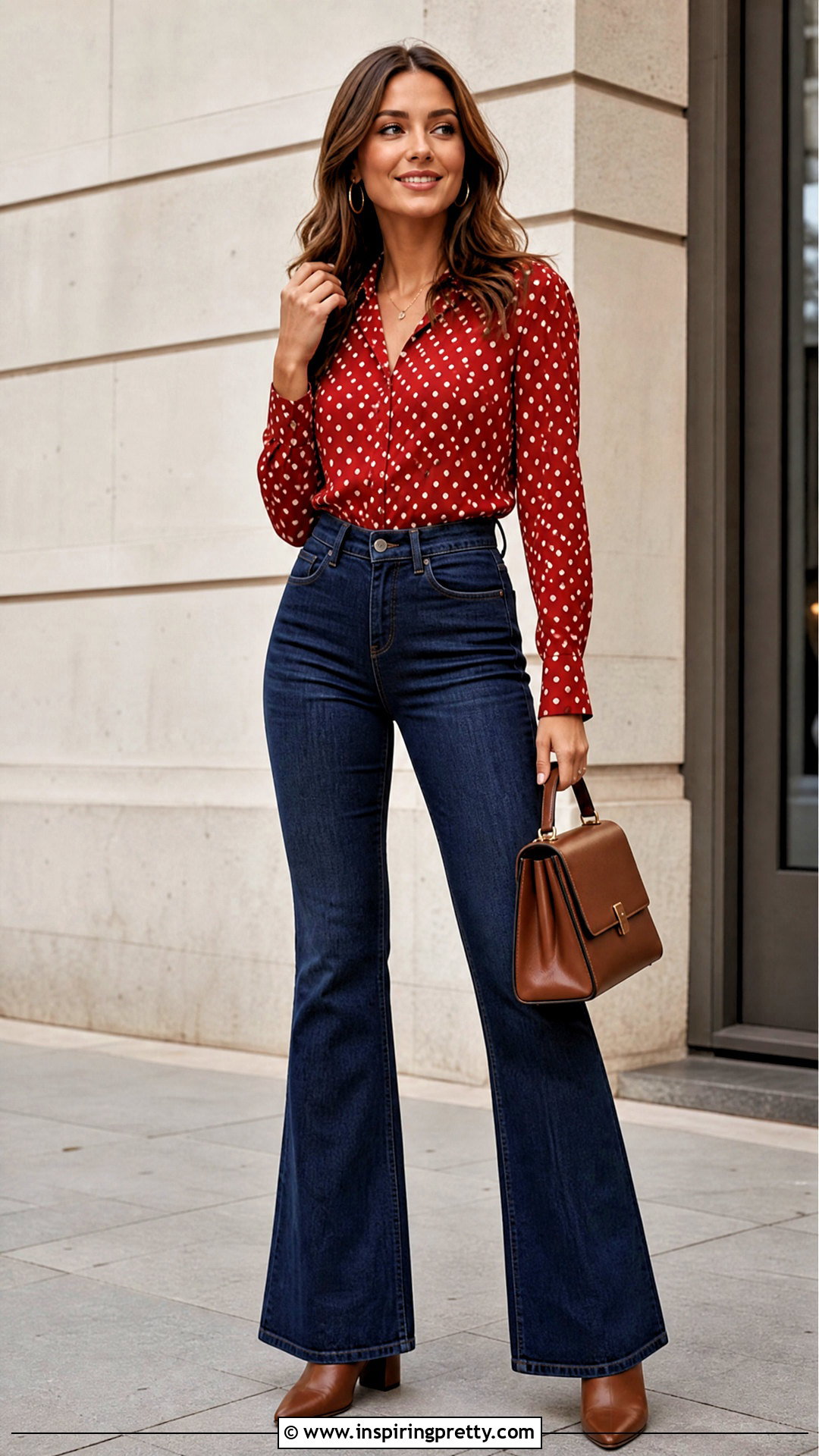 Red Polka Dot Top With Dark Wash Flare Jeans - 50 red polka dot top outfit ideas