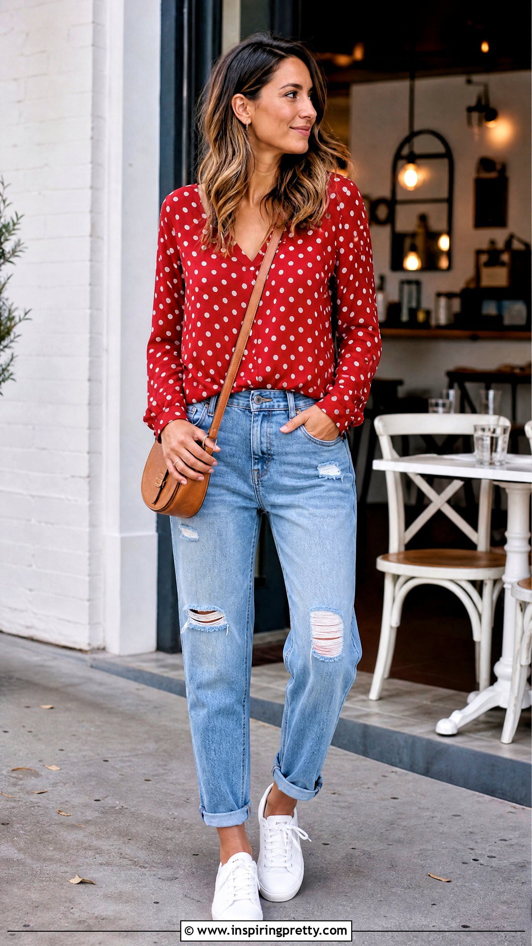 Red Polka Dot Top With Distressed Boyfriend Jeans - 50 red polka dot top outfit ideas