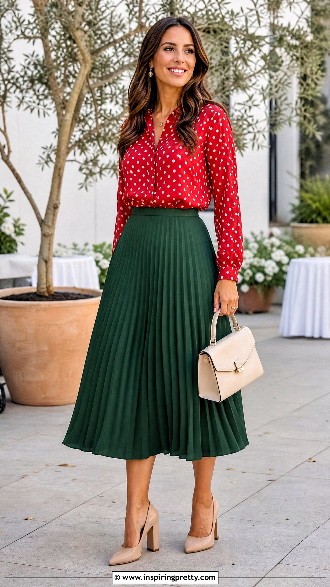 Red Polka Dot Top With Green Midi Skirt - 50 red polka dot top outfit ideas