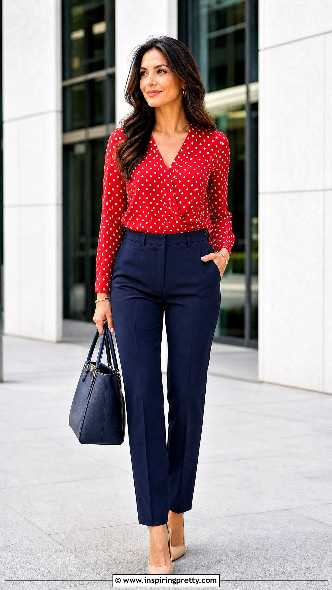 Red Polka Dot Top With Navy Trousers - 50 red polka dot top outfit ideas