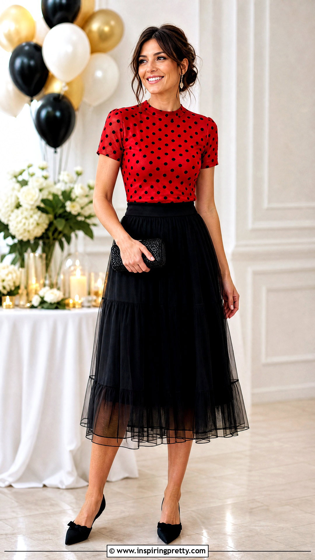 Red Polka Dot Top With Tulle Midi Skirt - 50 red polka dot top outfit ideas