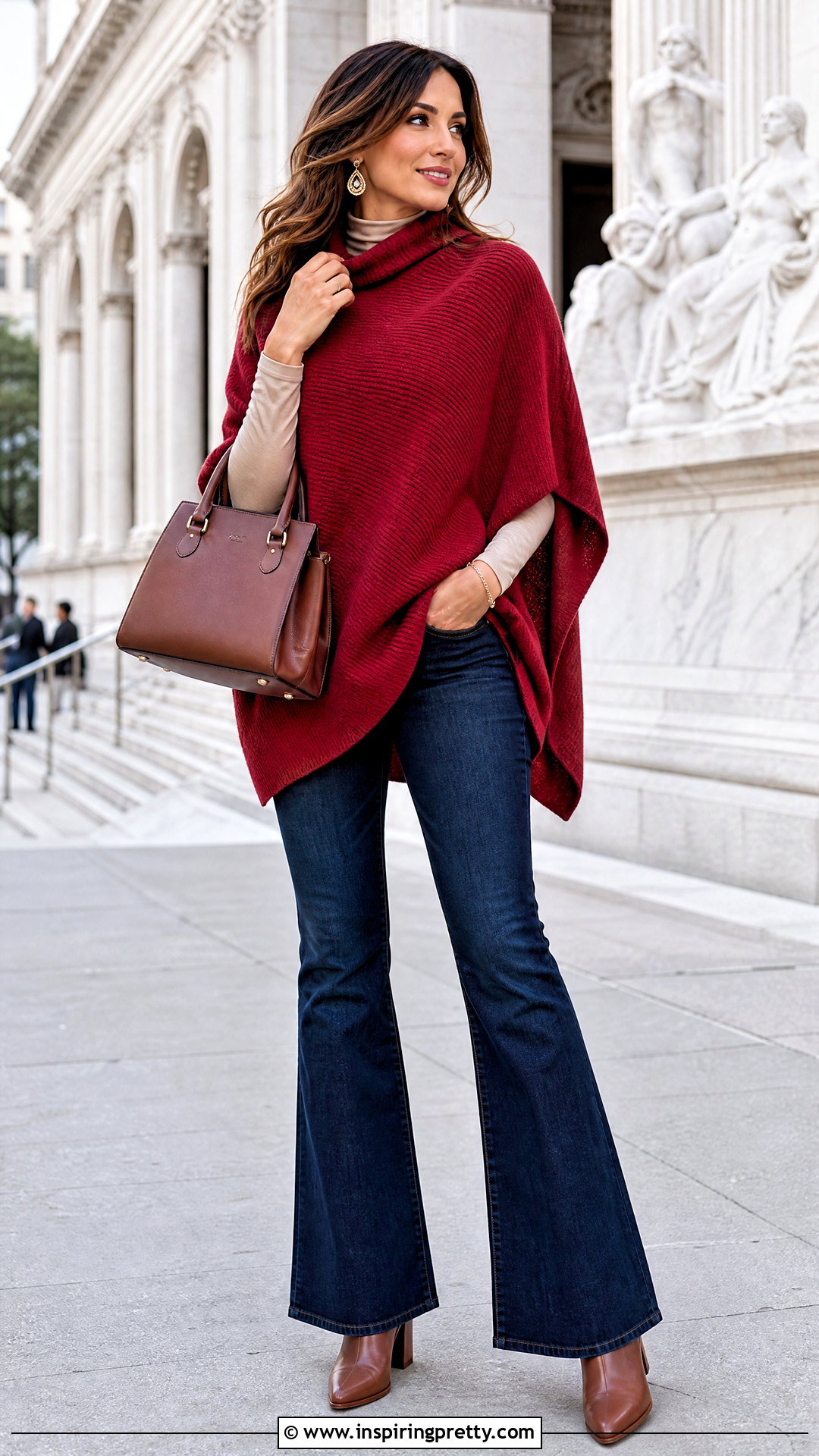 Red Poncho Sweater With Flare Jeans - 50 red top and jeans