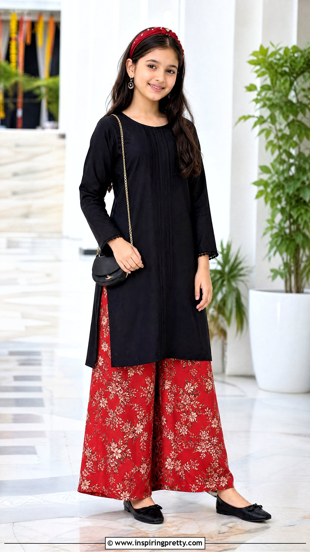Red Printed Palazzo With Black Tunic - 50 kids plazo with tops
