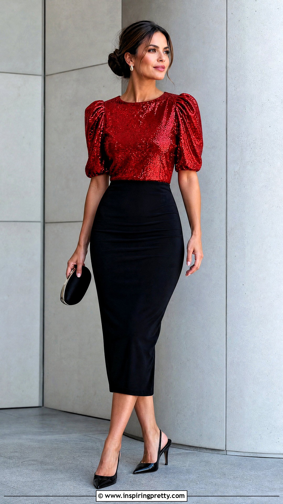 Red Puff Sleeve Sequin Top With Black Midi Skirt - 20 puff sleeve sequin top outfit ideas