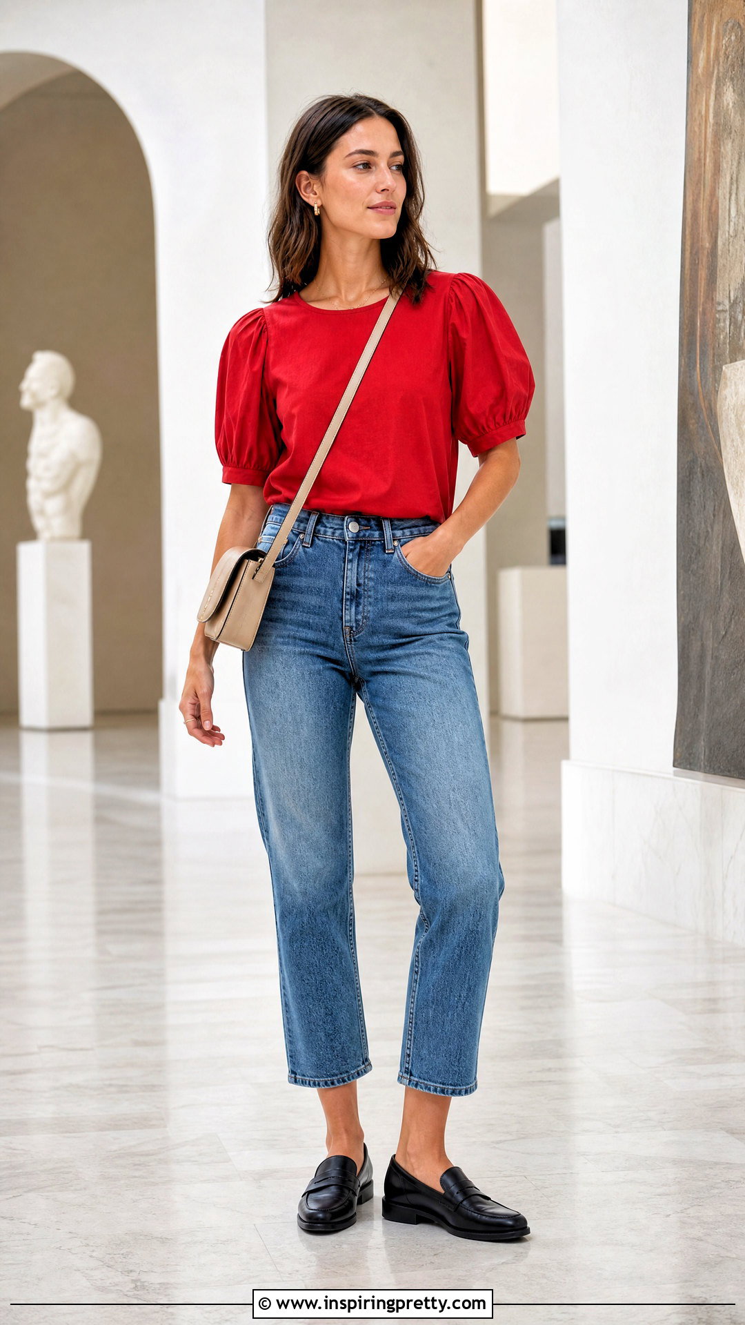 Red Puff Sleeve Top With Cropped Jeans - 50 red top outfit casual ideas