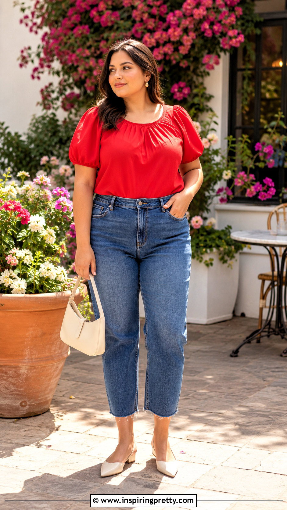Red Puff Sleeve Top With Cropped Jeans - 20 red top and jeans styles