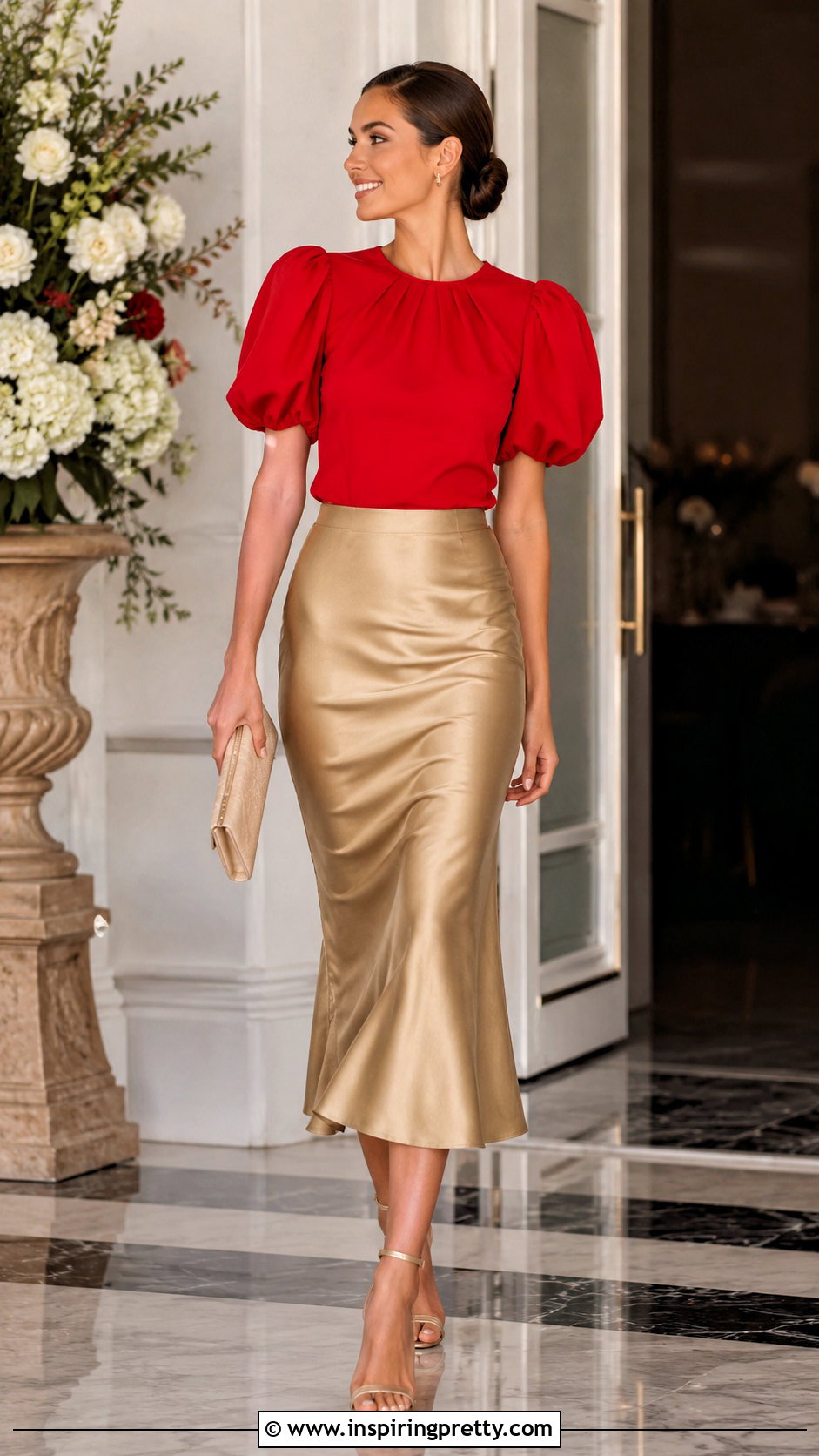 Red Puff Sleeve Top With Gold Midi Skirt - 50 red top outfit party ideas