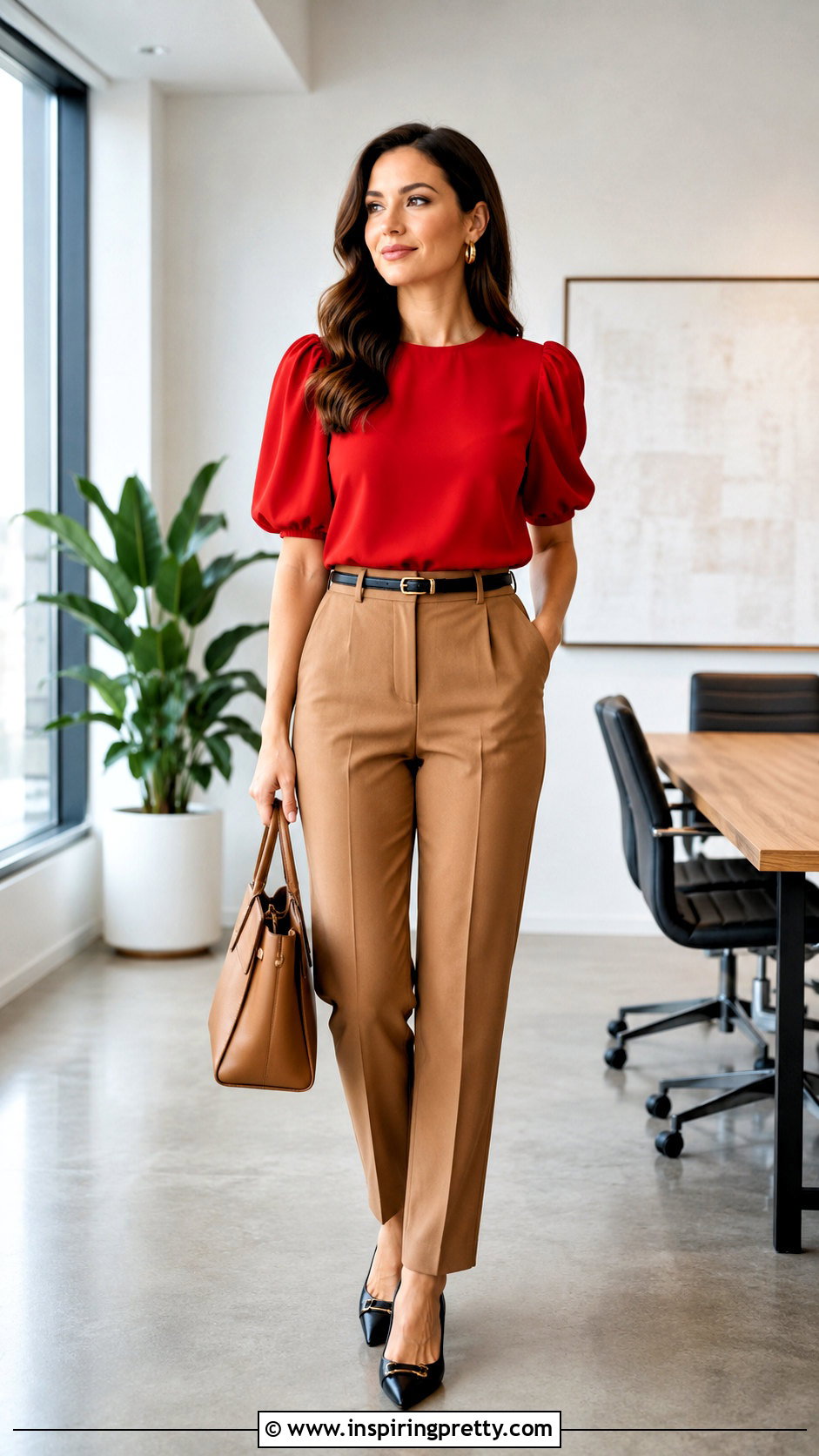 Red Puff Sleeve Top With Neutral Pants - 50 puff sleeve top outfit ideas