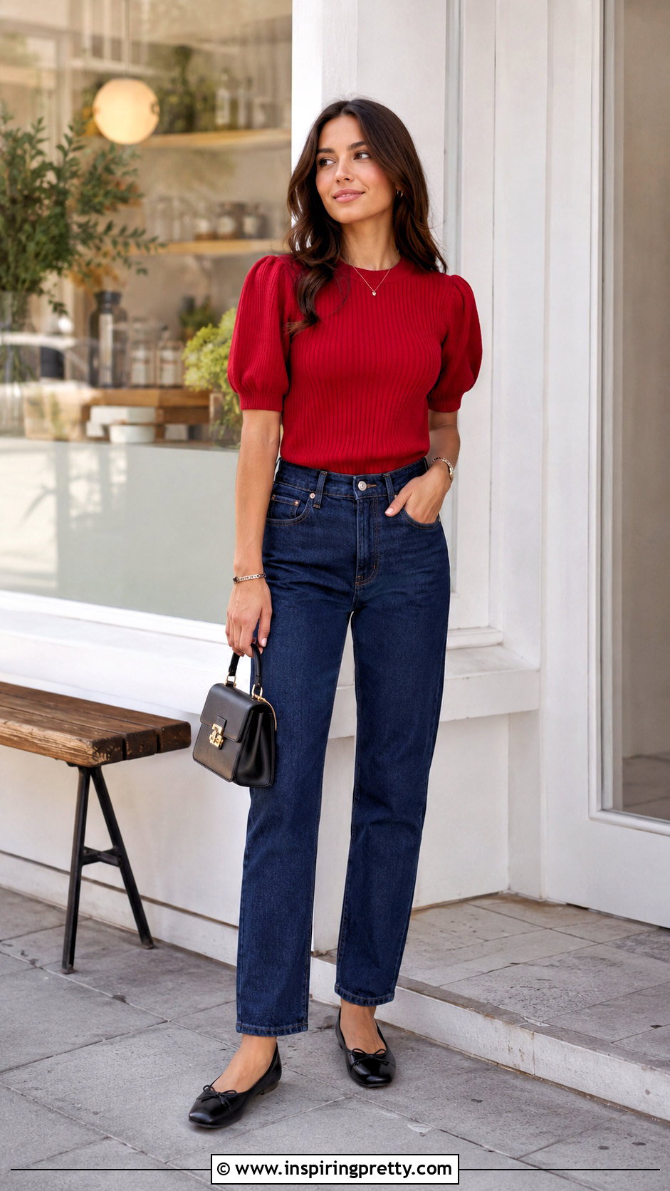 Red Puff Sleeve Top With Straight Jeans - 50 shein tops codes