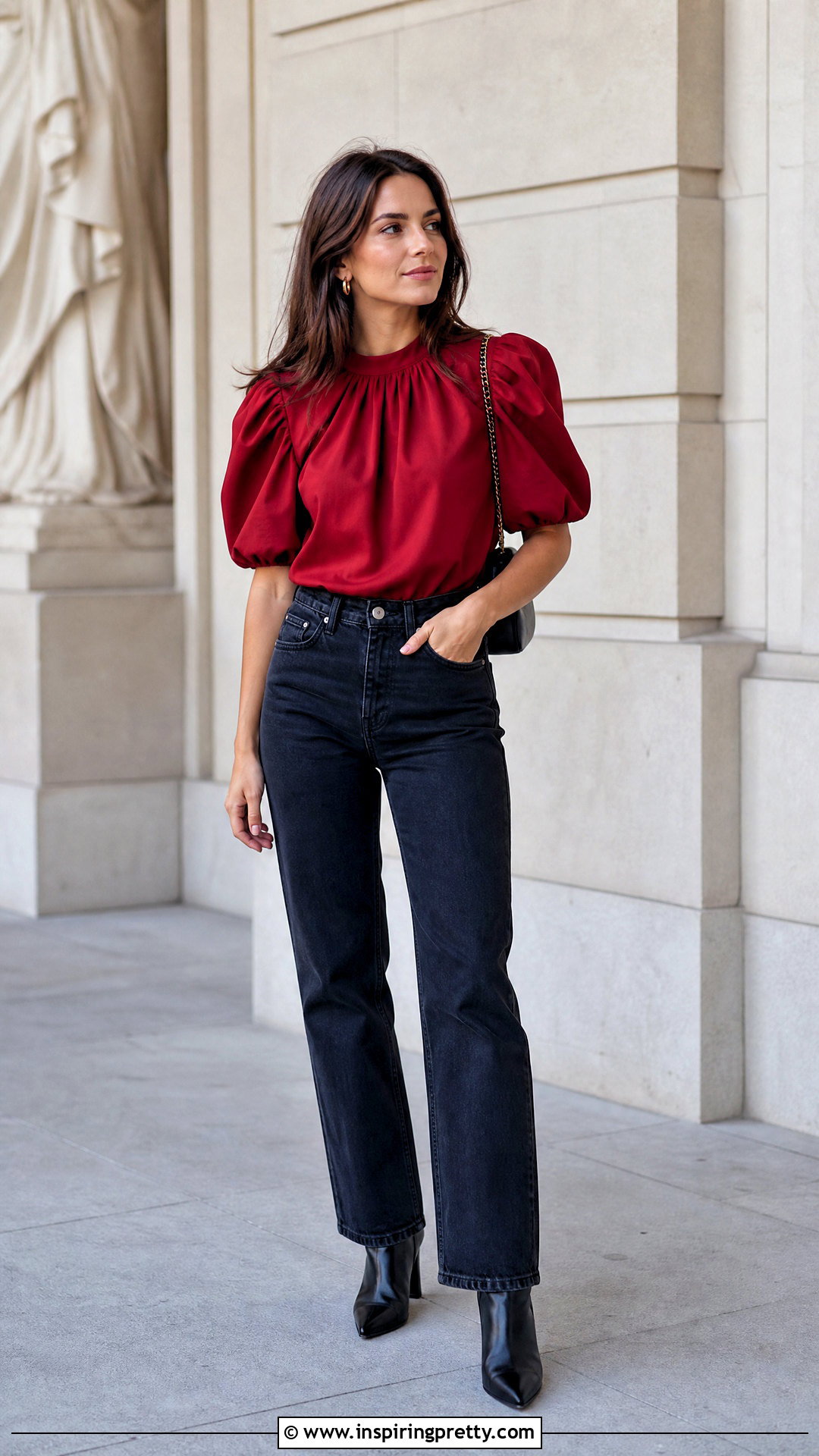 Red Puff Sleeve Top With Straight Jeans - 50 red tops outfit ideas
