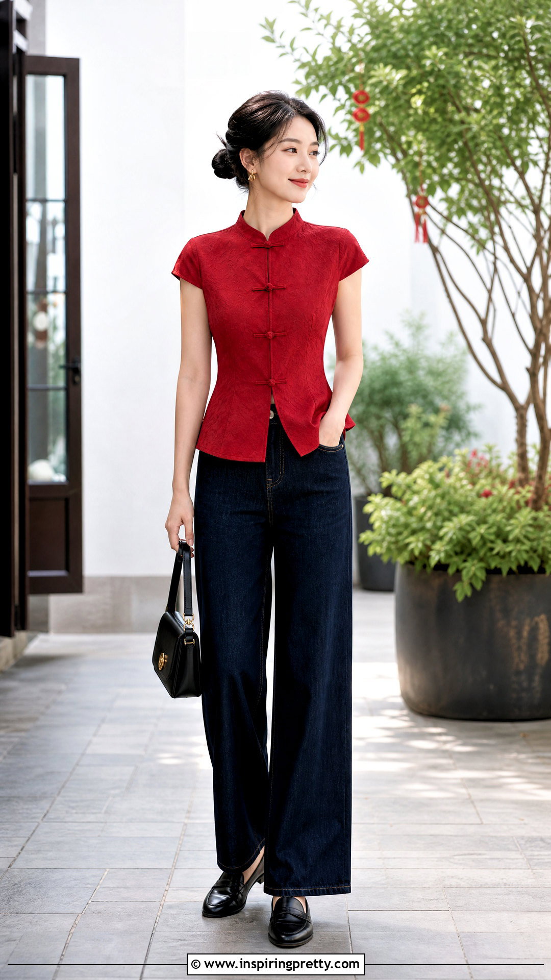 Red Qipao Collar Top With Dark Denim - 20 Qipao Collar Top outfit ideas