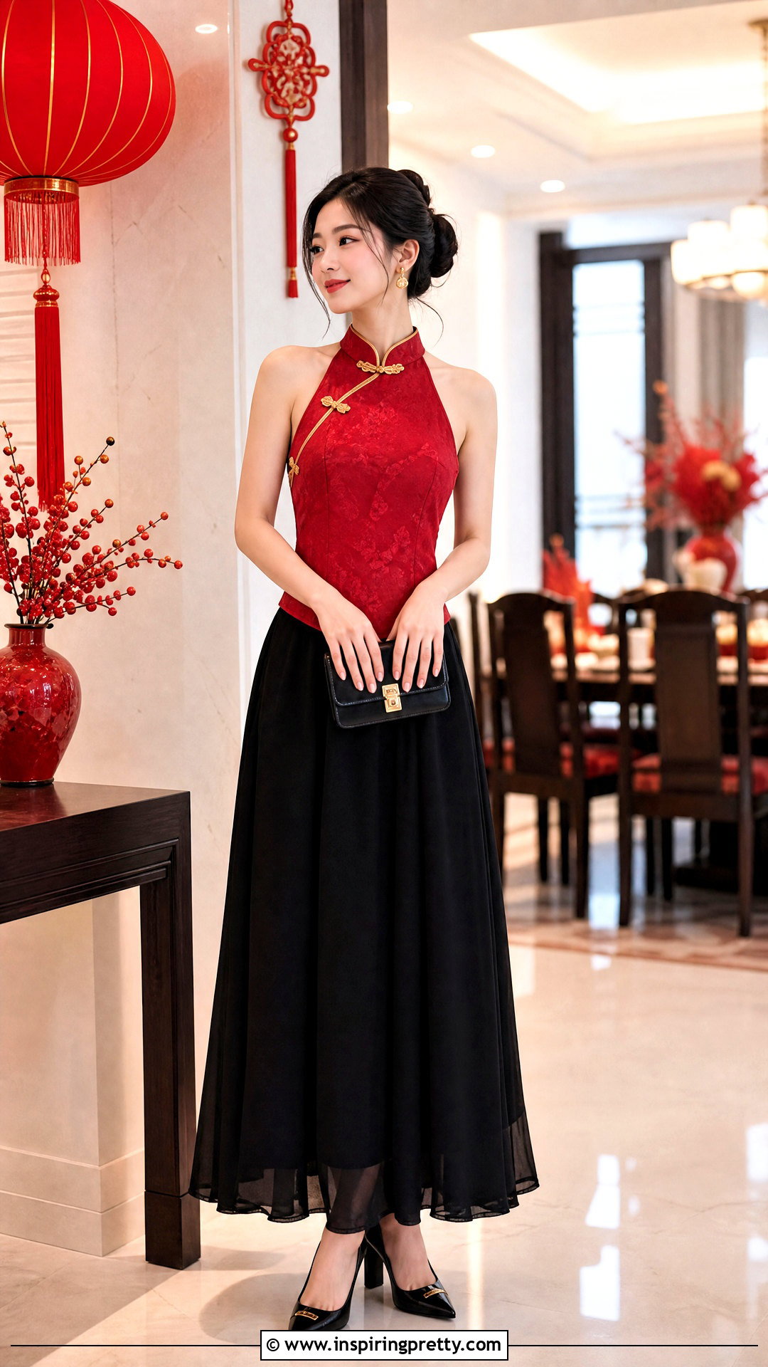 Red Qipao Halter Top With Black Maxi Skirt - 25 qipao halter top outfit ideas