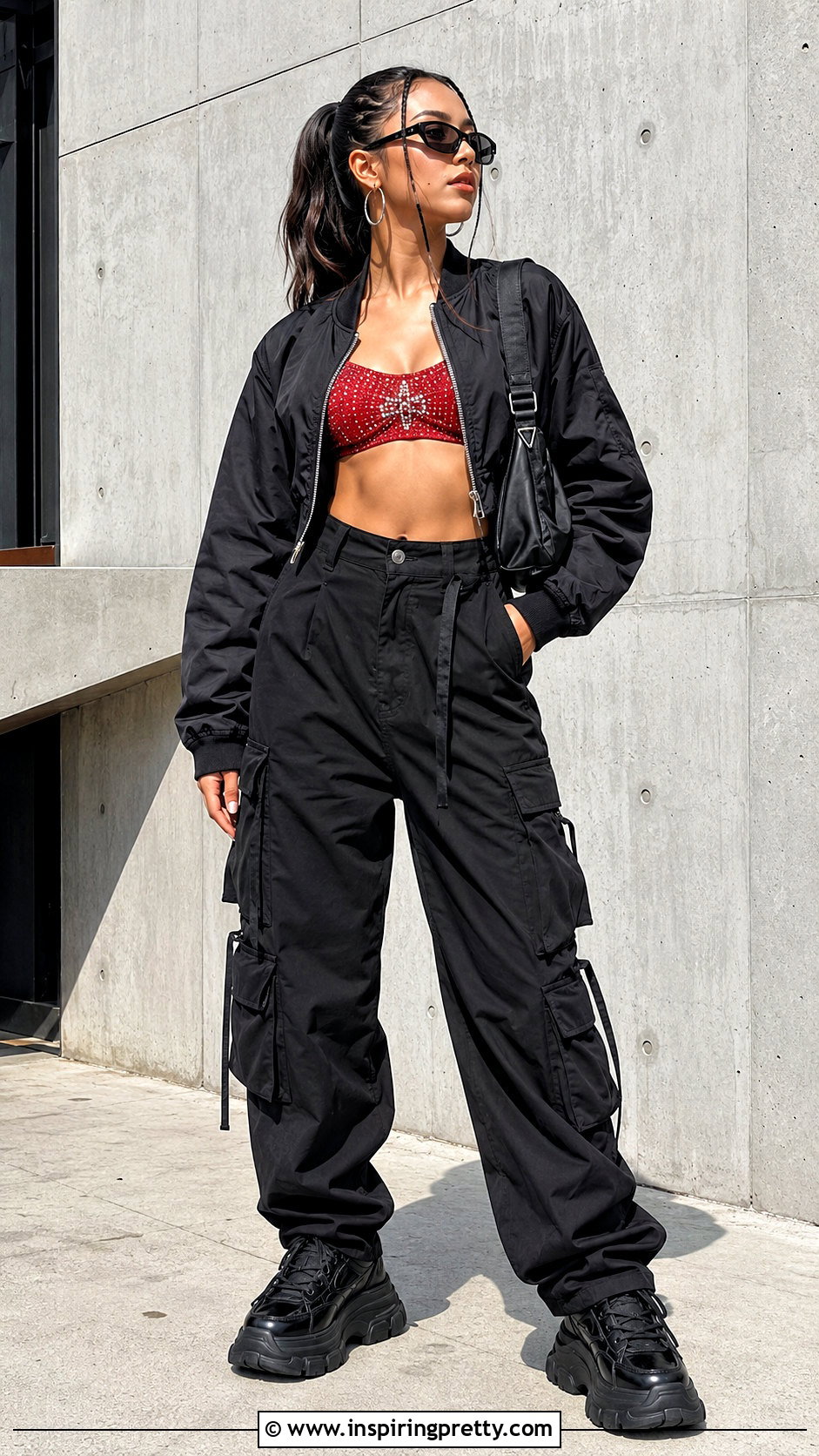 Red Rhinestone Crop Top With Black Cargo Pants - 20 red rhinestone crop top outfit ideas