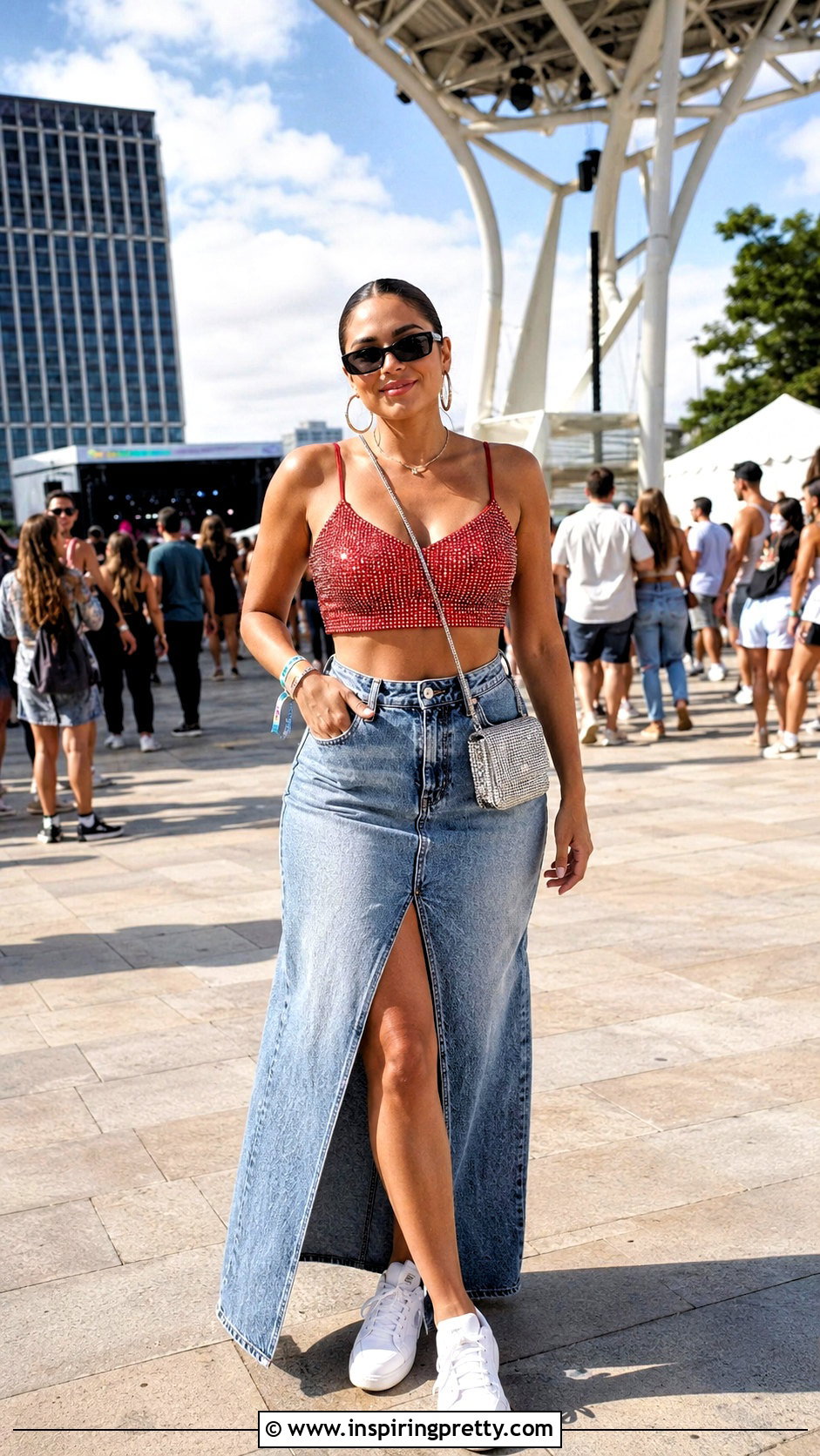 Red Rhinestone Crop Top With Denim Maxi Skirt - 20 red rhinestone crop top outfit ideas