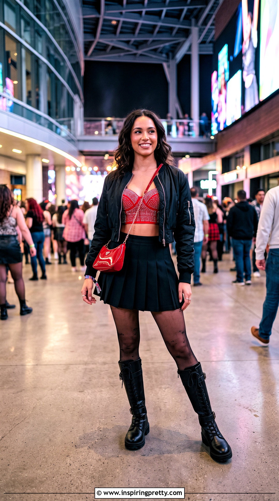 Red Rhinestone Crop Top With Pleated Mini Skirt And Boots - 20 red rhinestone crop top outfit ideas