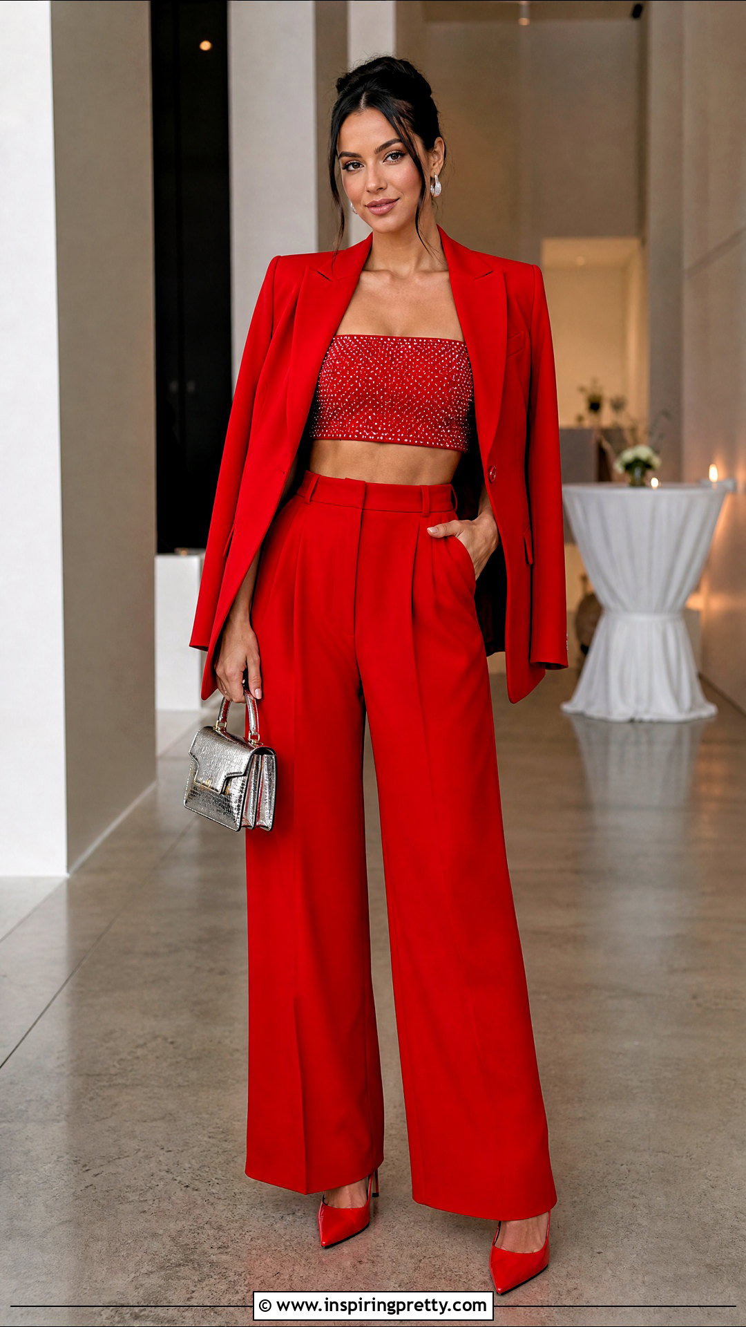 Red Rhinestone Crop Top With Red Suit Trousers - 20 red rhinestone crop top outfit ideas