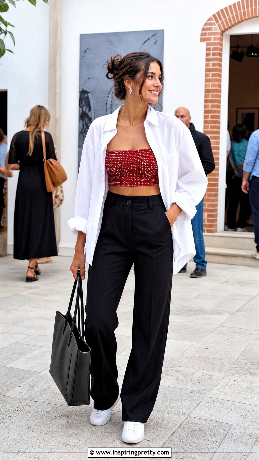 Red Rhinestone Crop Top With White Shirt And Black Trousers - 20 red rhinestone crop top outfit ideas