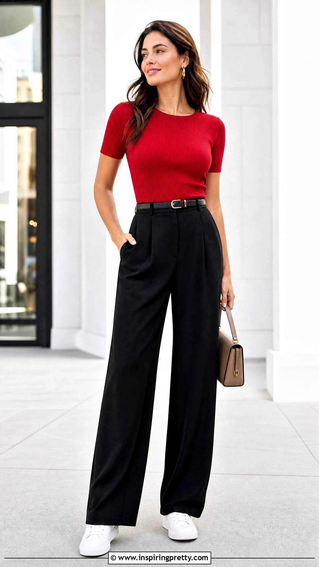 Red Ribbed Top With Black Wide Leg Pants - 50 red top outfit casual ideas