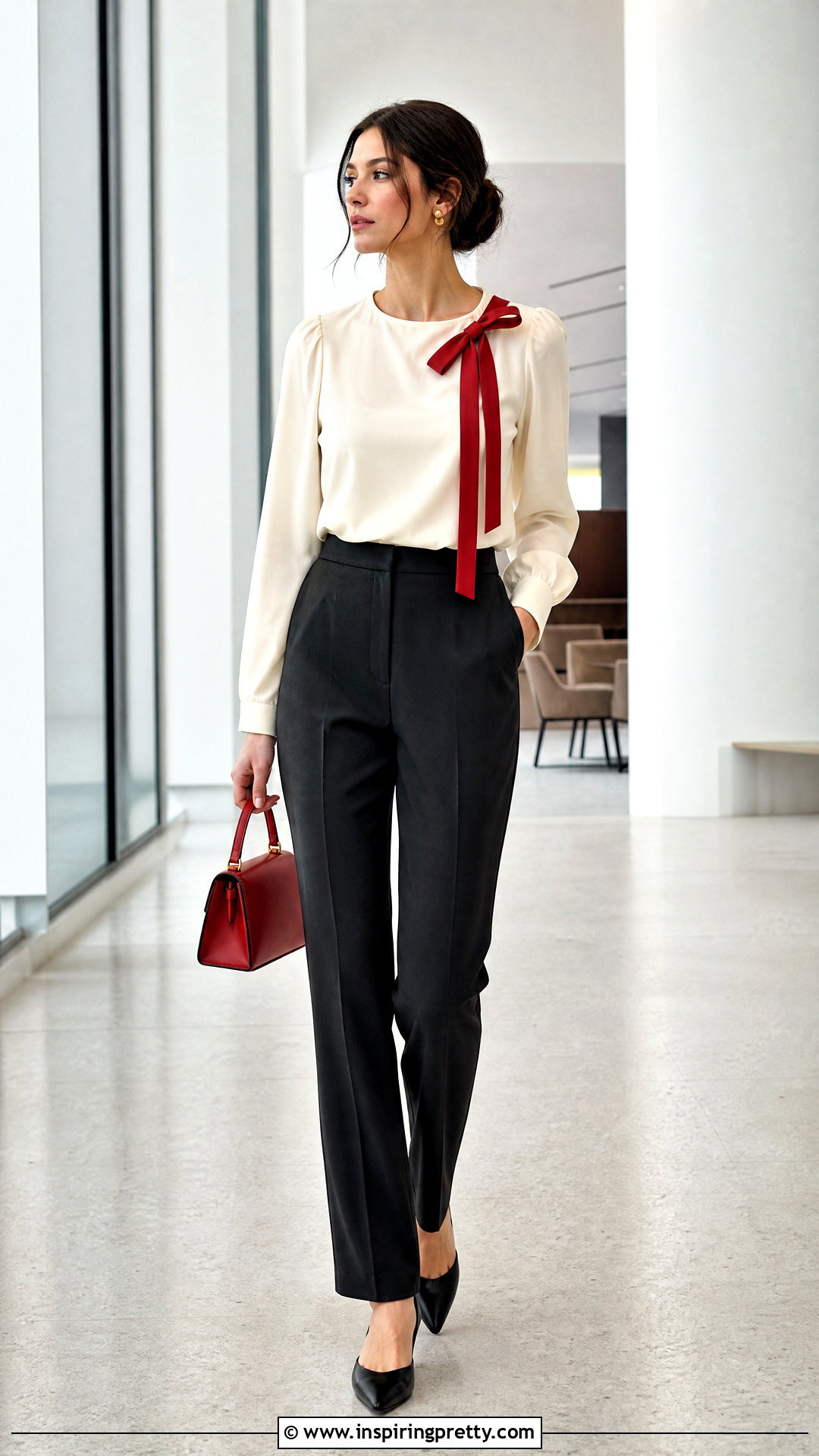 Red Ribbon Cosette Top With Black Trousers - 50 cosette tops outfit ideas