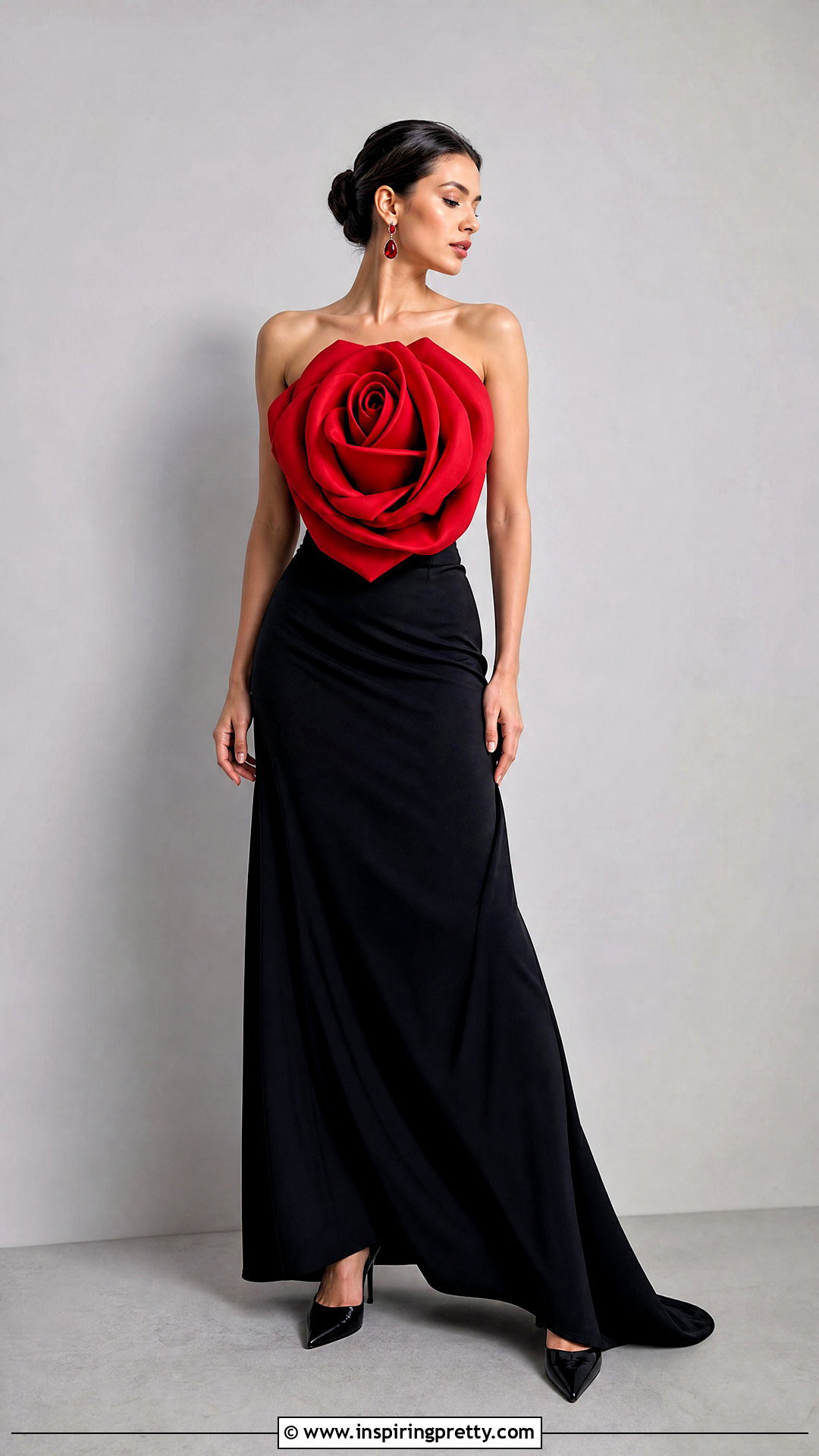 Red Rose Flower Top With Black Maxi Skirt - 50 flower top photoshoot ideas