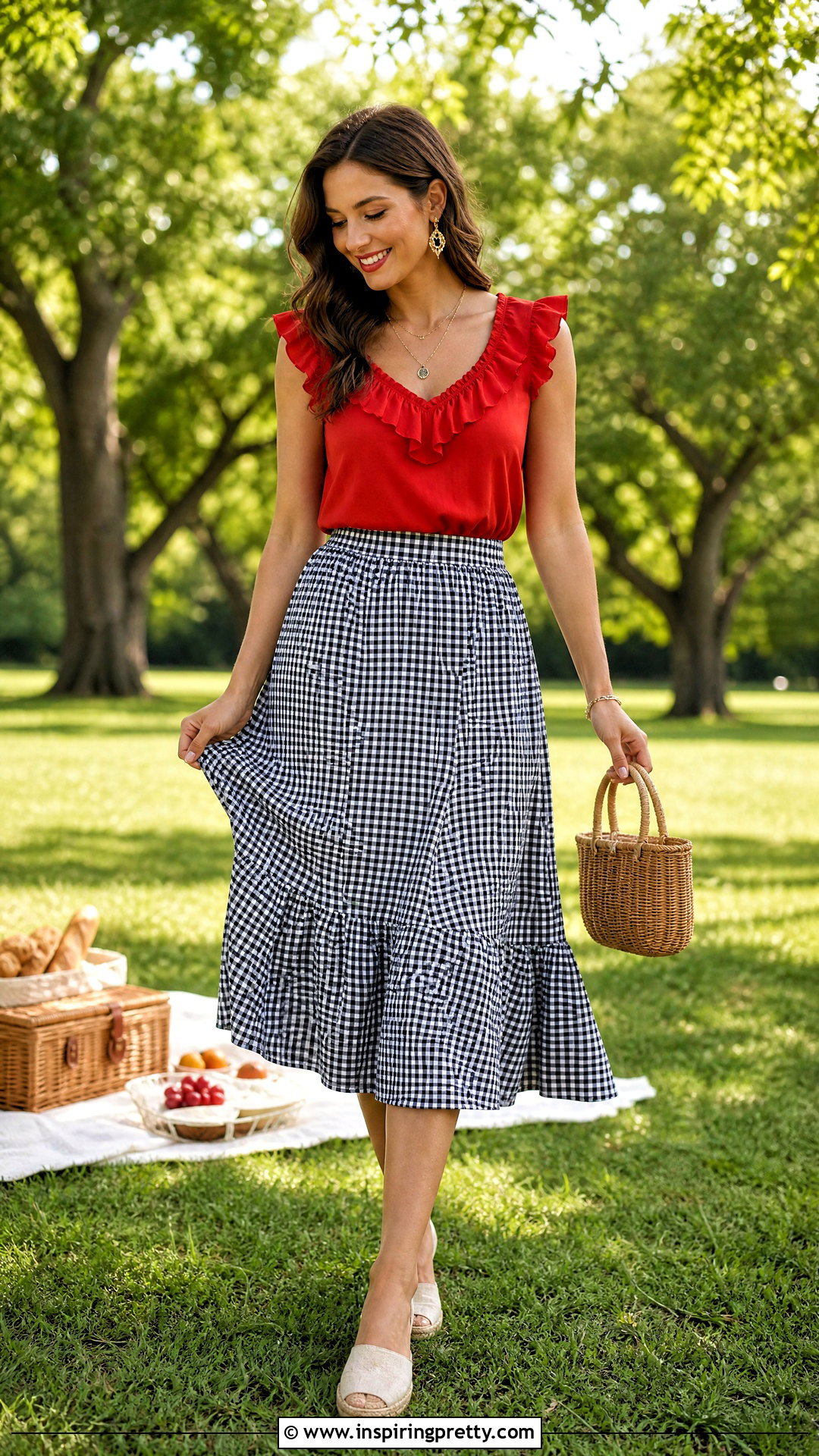 Red Ruffle Top With Gingham Skirt - 50 red top outfit summer ideas