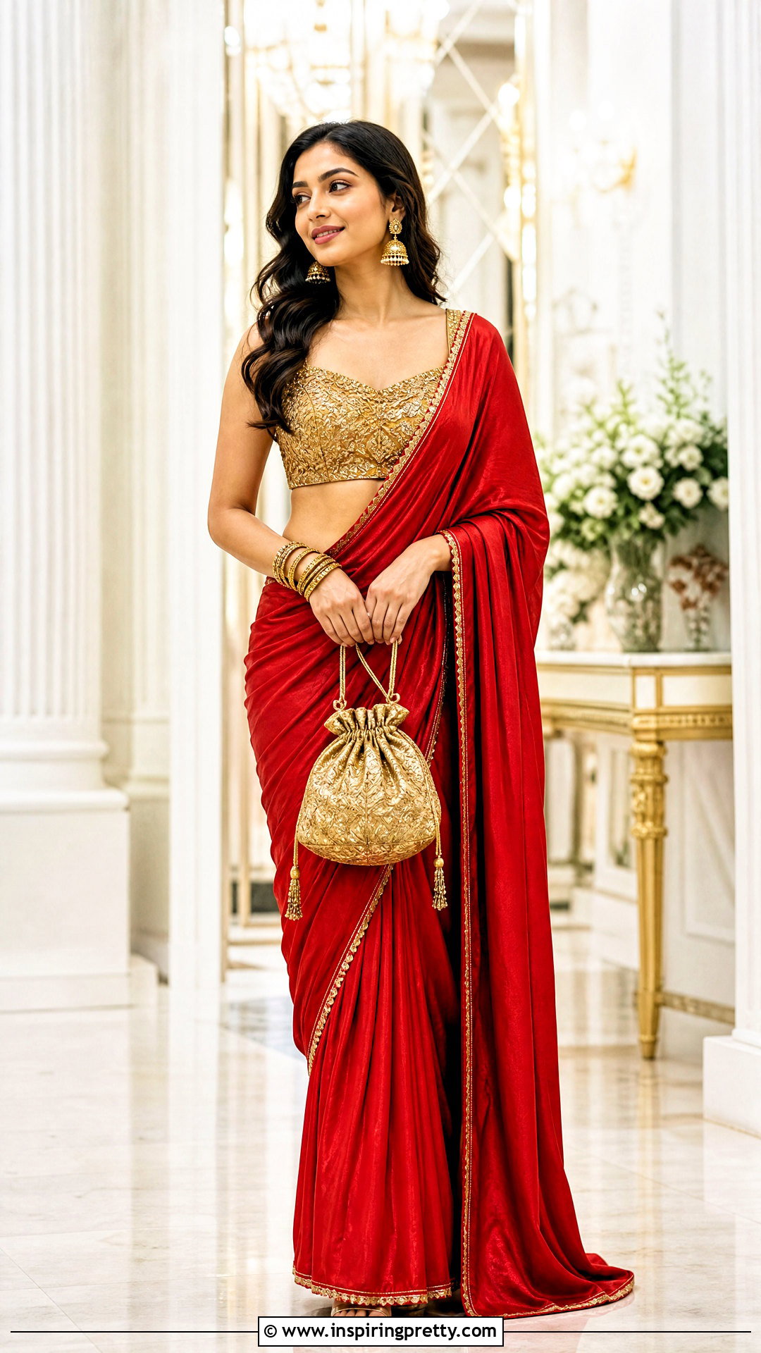 Red Saree With Gold Crop Top - 50 saree with crop top outfit ideas