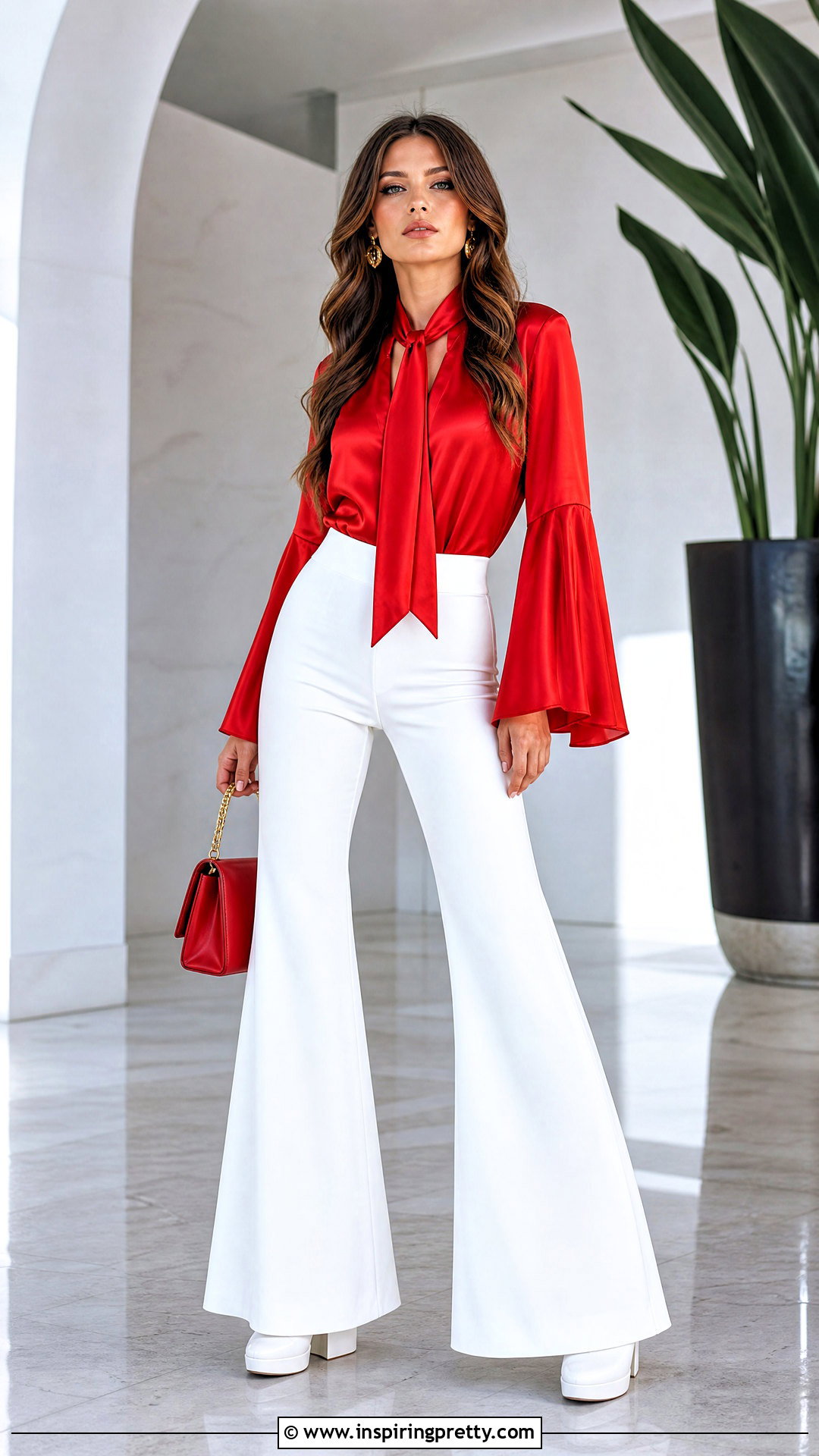 Red Satin ABBA Top With White Bell Bottoms - 25 Abba Style Tops outfit ideas