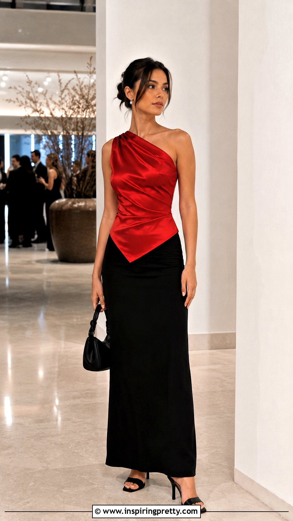 Red Satin Asymmetric Top With Black Maxi Skirt - 50 satin tops outfit ideas
