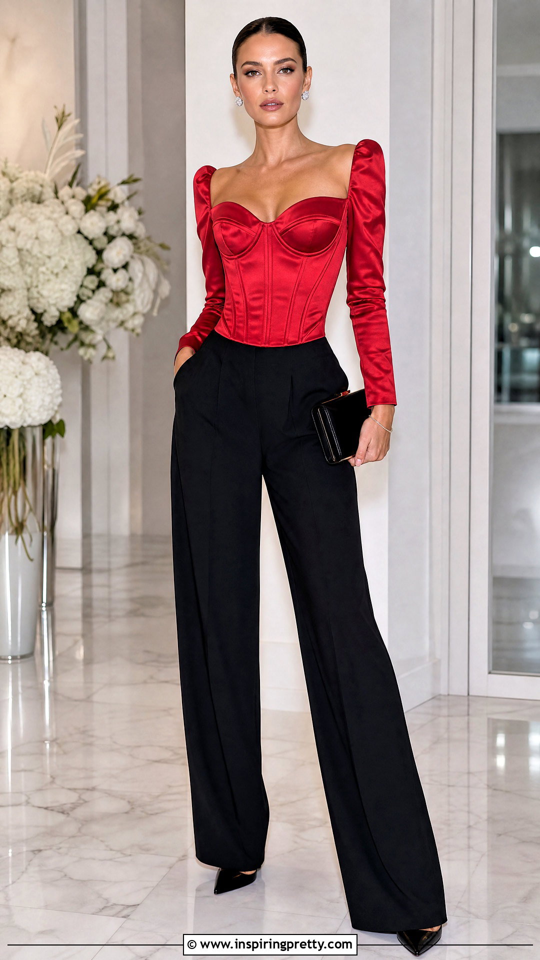 Red Satin Corset Top With Wide Leg Pants - 25 Red Corset Top With Sleeves