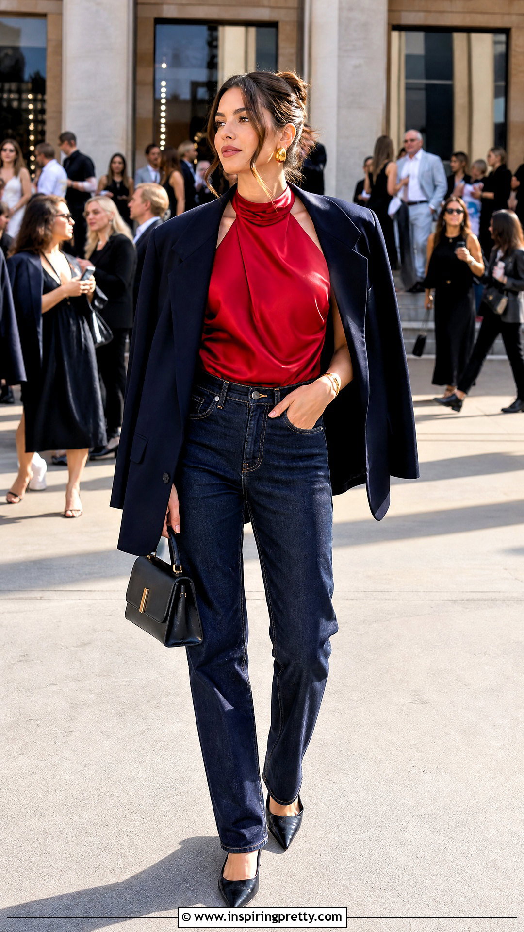 Red Satin Halter Top With Dark Wash Jeans - 50 satin halter top outfit ideas