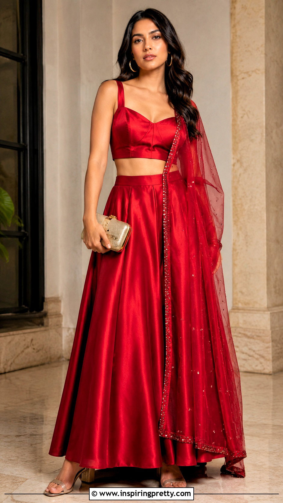 Red Satin Lehenga Crop Top Outfit - 50 party wear lehenga crop tops outfit ideas