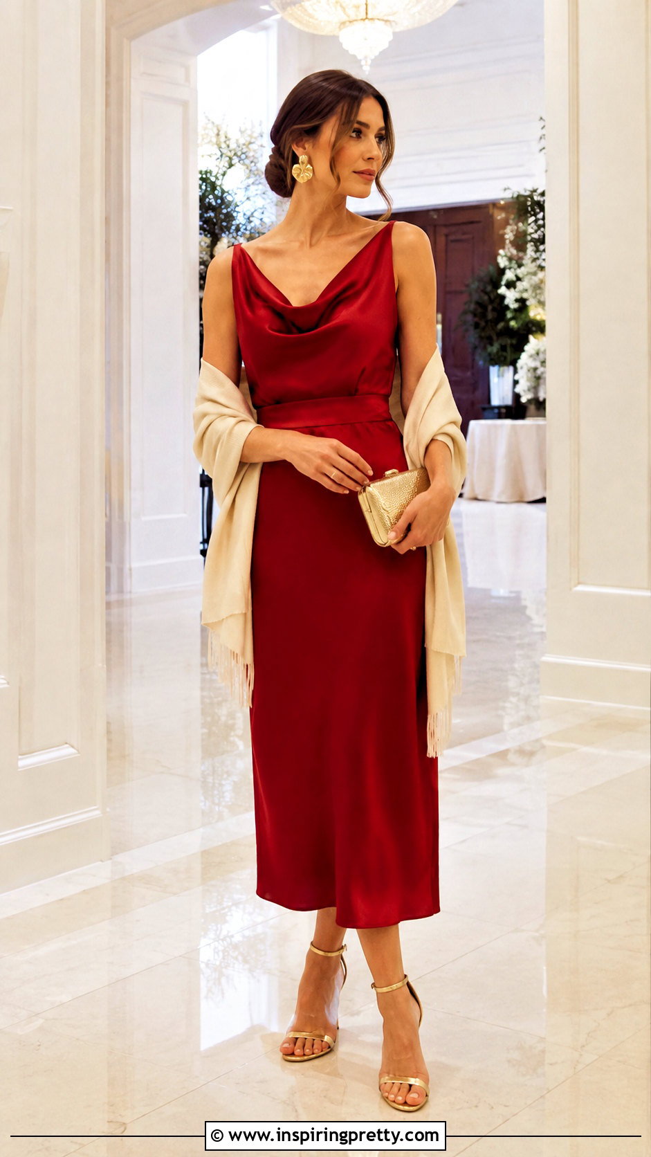 Red Satin Midi Dress With Gold Sandals - 50 top rojo outfits noche ideas
