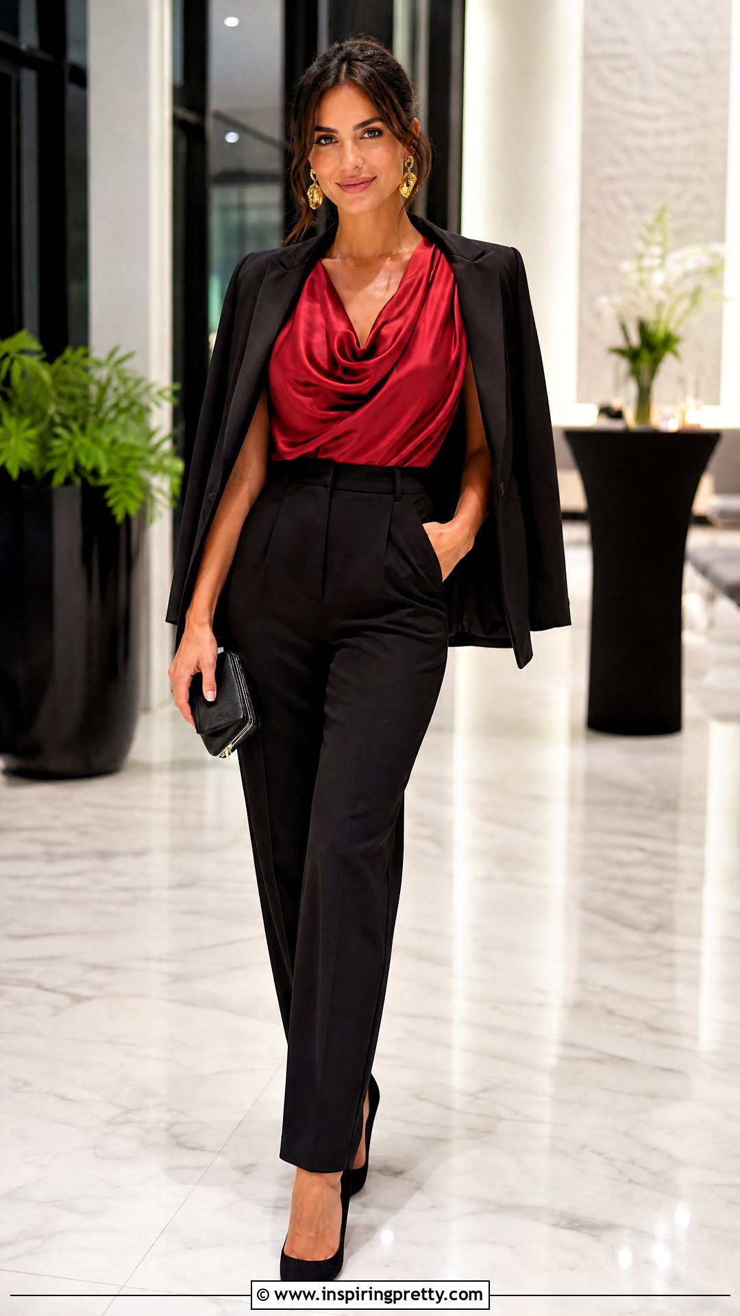 Red Satin Party Blouse With Black Pants - 50 party tops outfit ideas