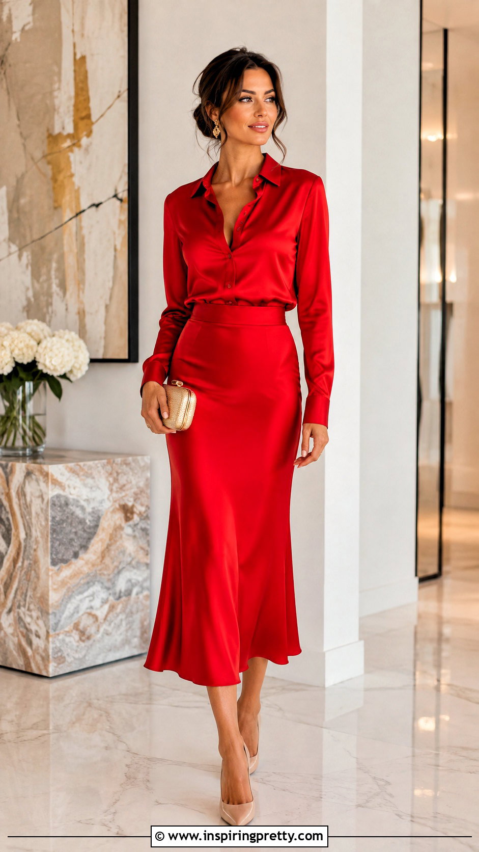 Red Satin Shirt With Matching Red Skirt - 50 red top outfit party ideas