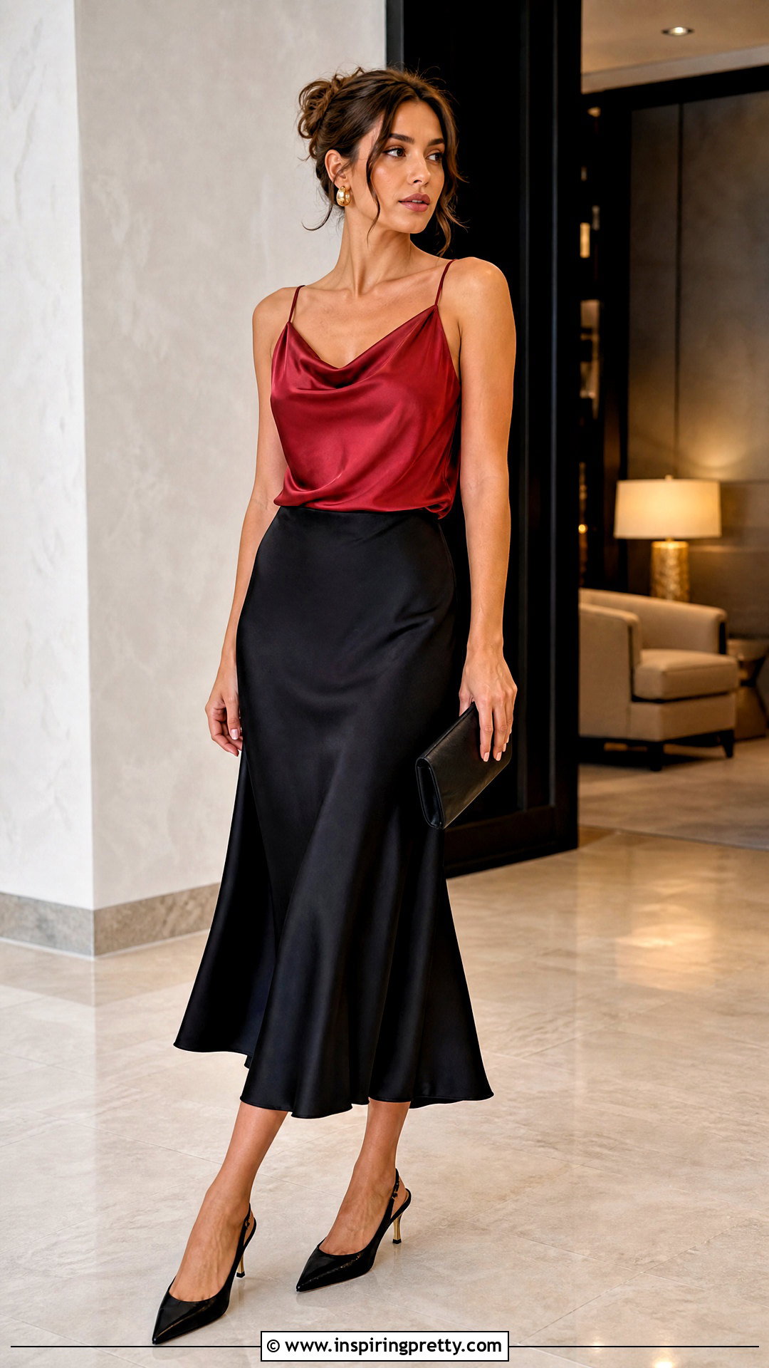 Red Satin Top With Black Midi Skirt - 50 red top outfit ideas