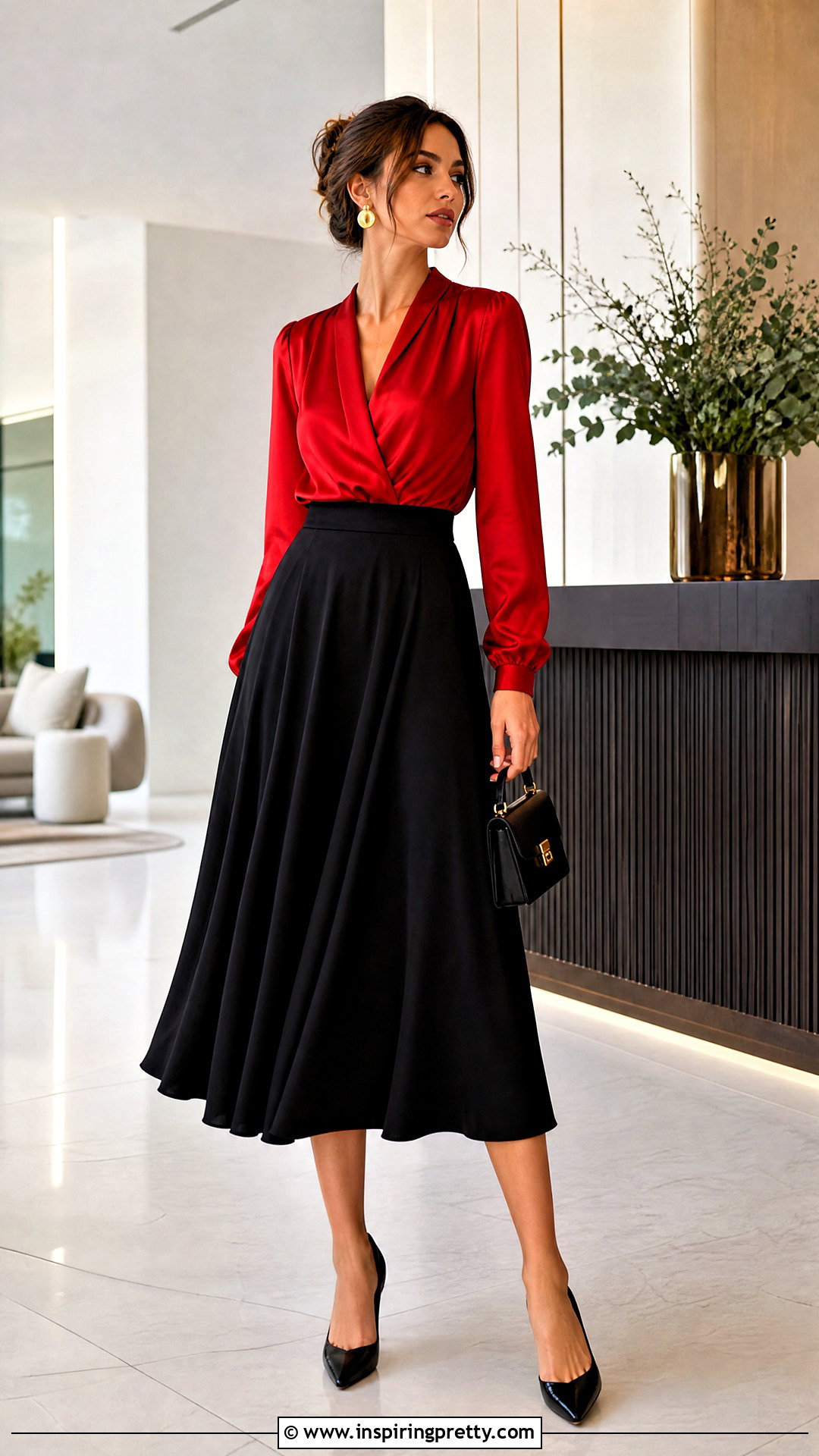 Red Satin Top With Black Midi Skirt - 50 satin top outfit classy ideas