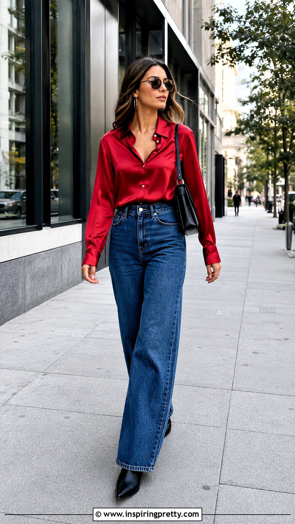 Red Satin Top With Blue Wide Leg Jeans - 20 red satin top fashion ideas