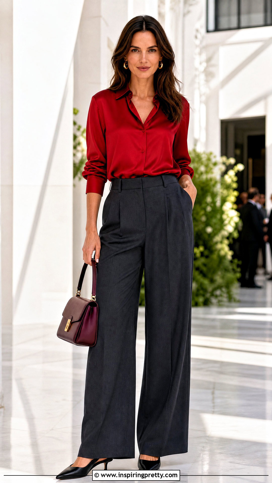 Red Satin Top With Charcoal Trousers - 50 trending tops for women