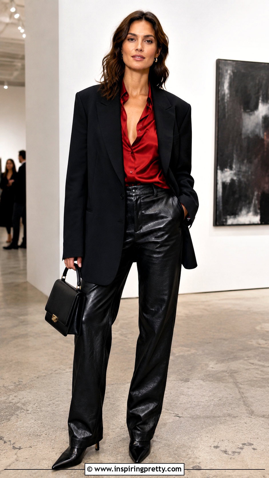 Red Satin Top With Leather Pants - 20 red satin top fashion ideas