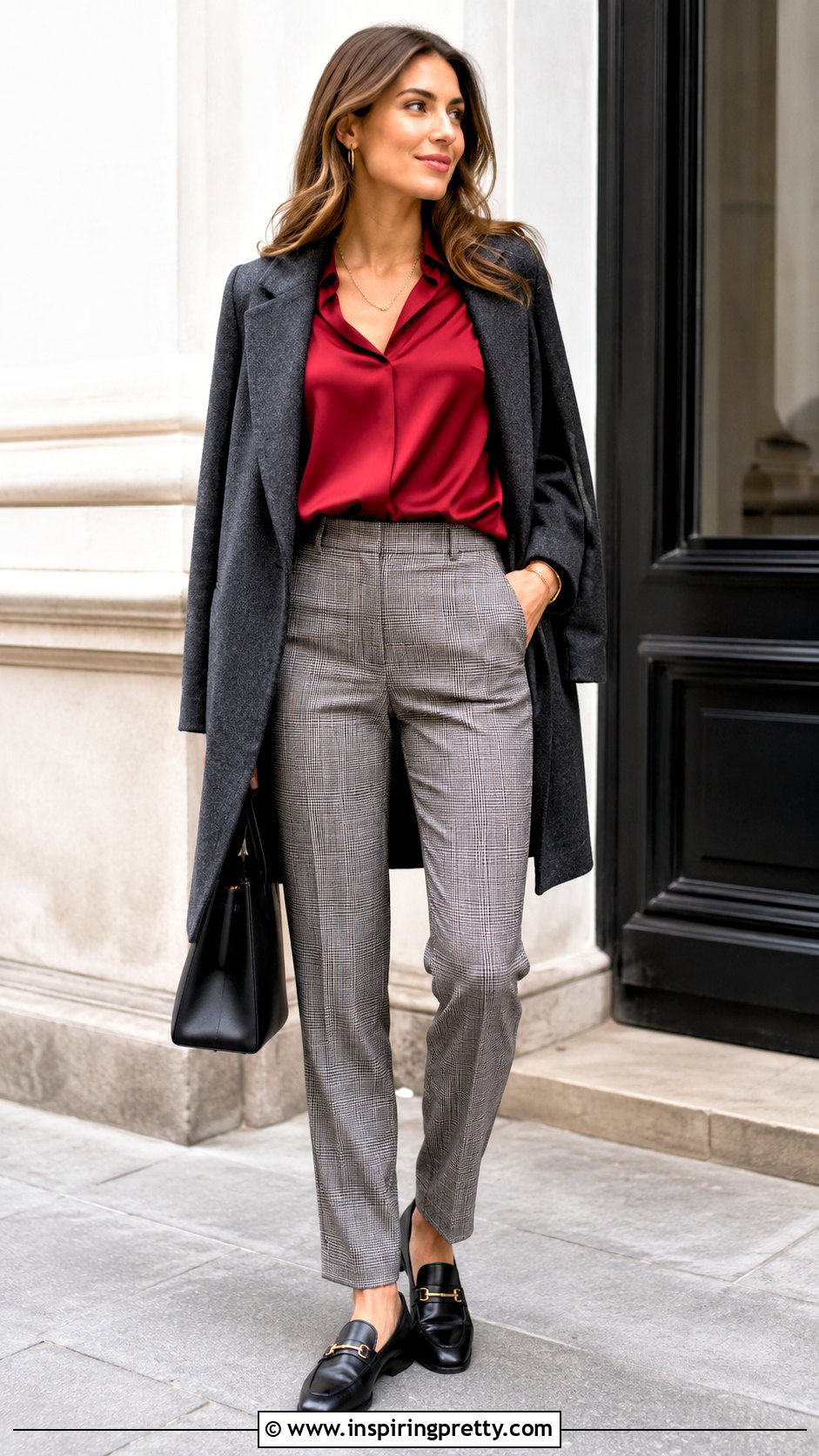 Red Satin Top With Plaid Trousers - 20 red satin top fashion ideas