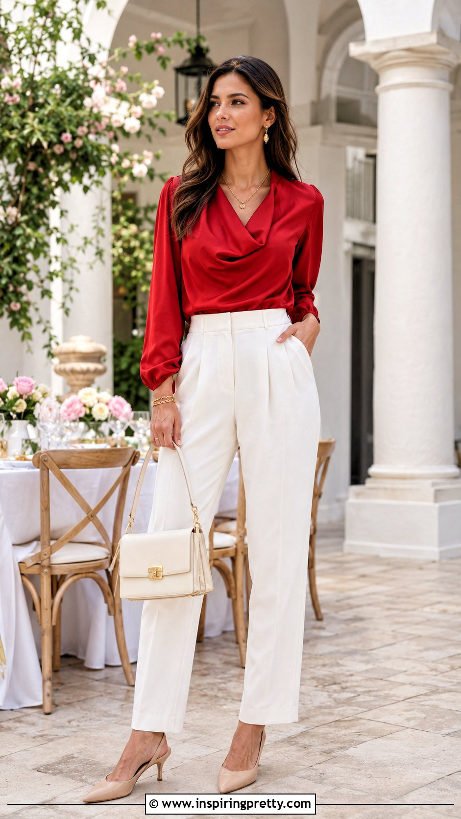 Red Satin Top With White Trousers - 20 red satin top fashion ideas