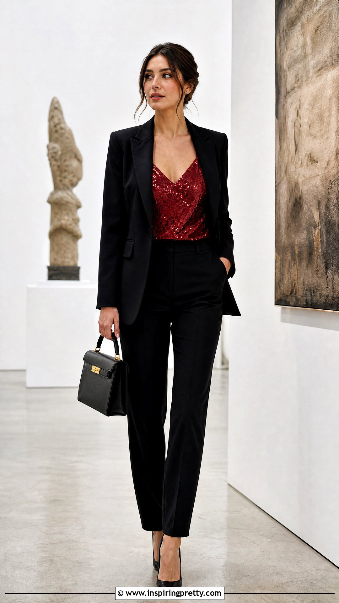Red Sequin Top With Black Blazer And Trousers - what to wear with red sequin top (25 ways)