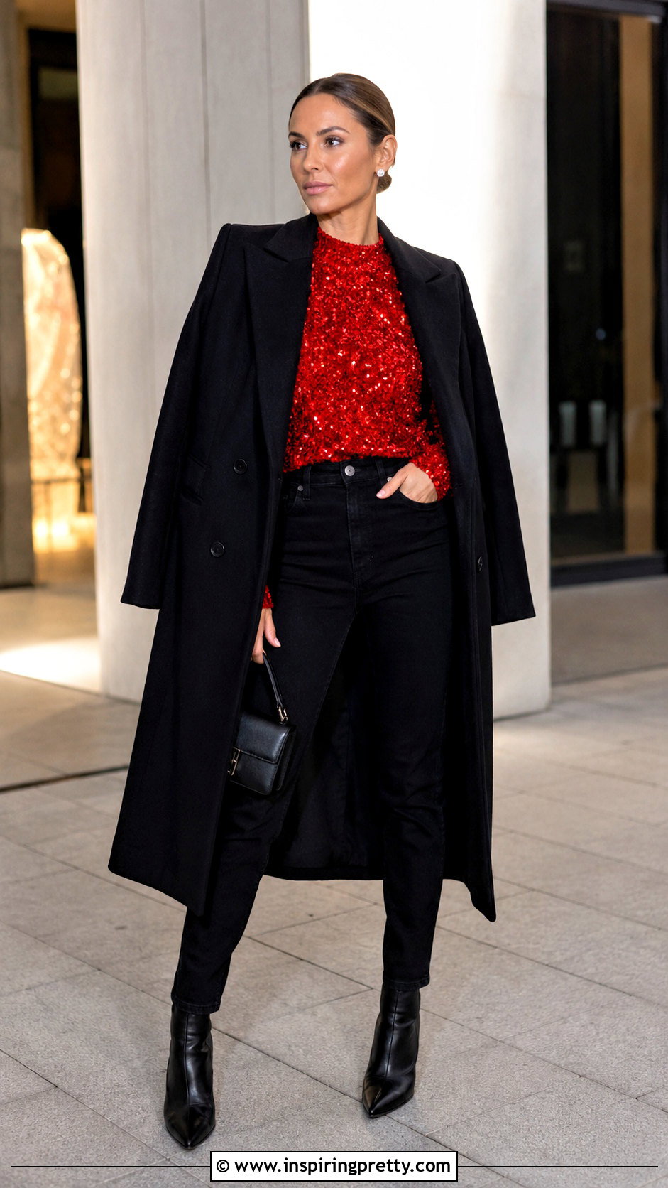Red Sequin Top With Black Jeans - 50 sparkly tops outfit ideas