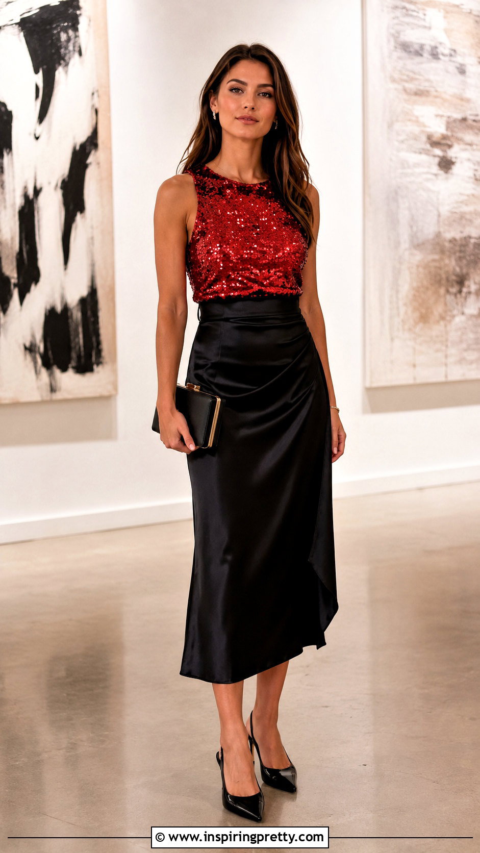 Red Sequin Top With Black Midi Skirt - 20 sequin top for parties