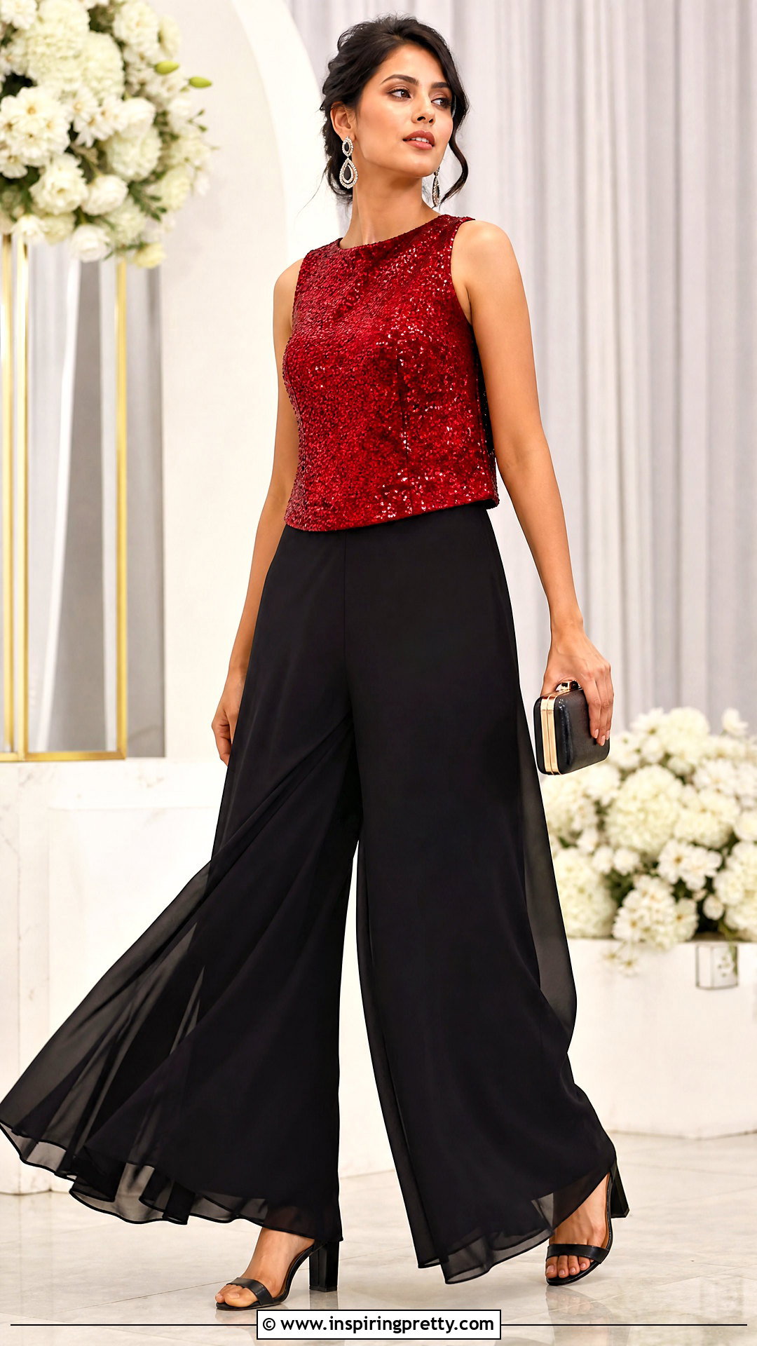 Red Sequin Top With Black Palazzo Pants - what to wear with red sequin top (25 ways)