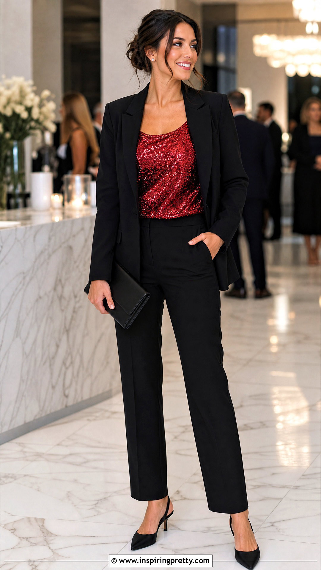 Red Sequin Top With Black Pants - 50 red tops outfit ideas