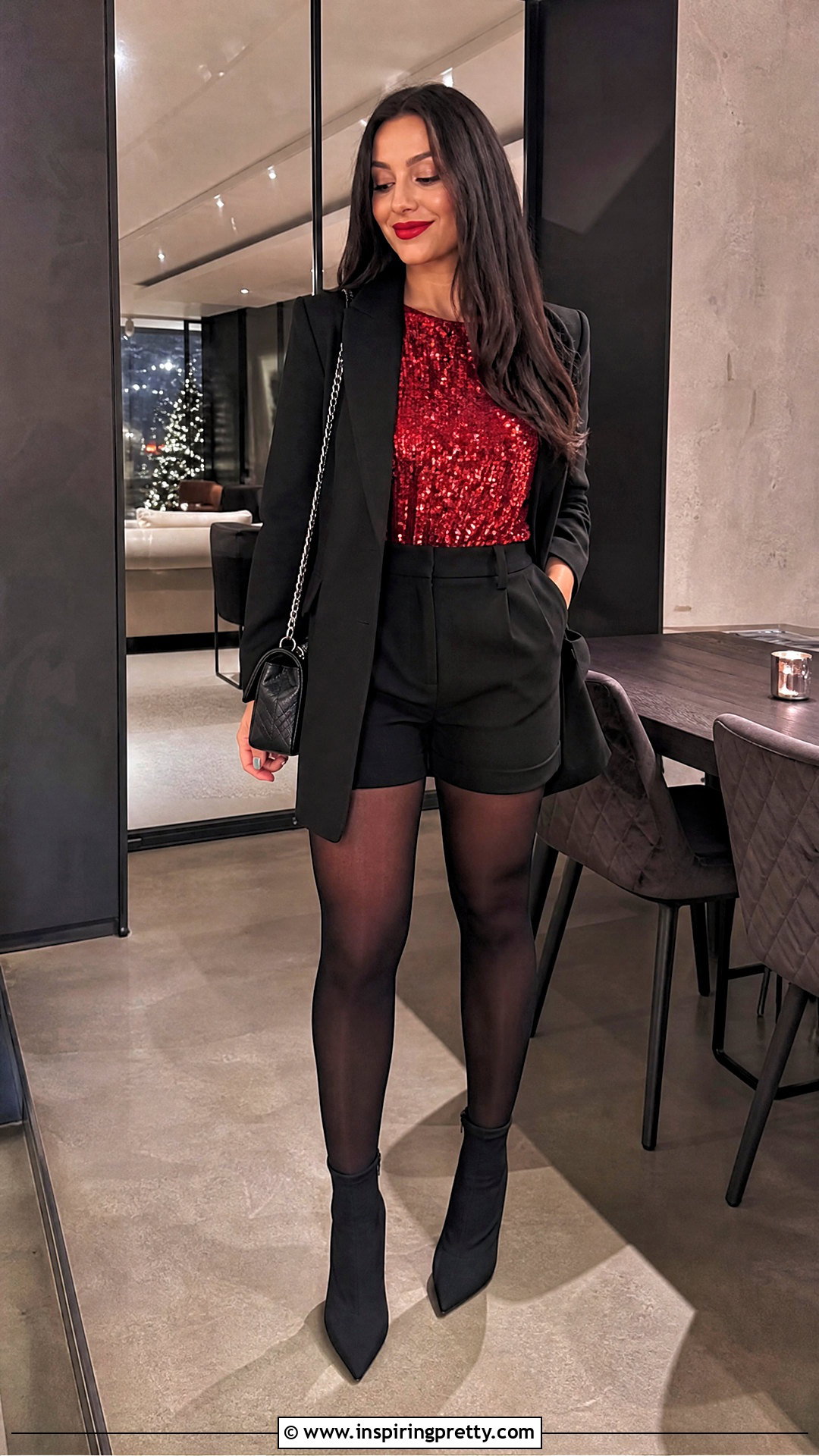 Red Sequin Top With Black Shorts And Tights - what to wear with red sequin top (25 ways)