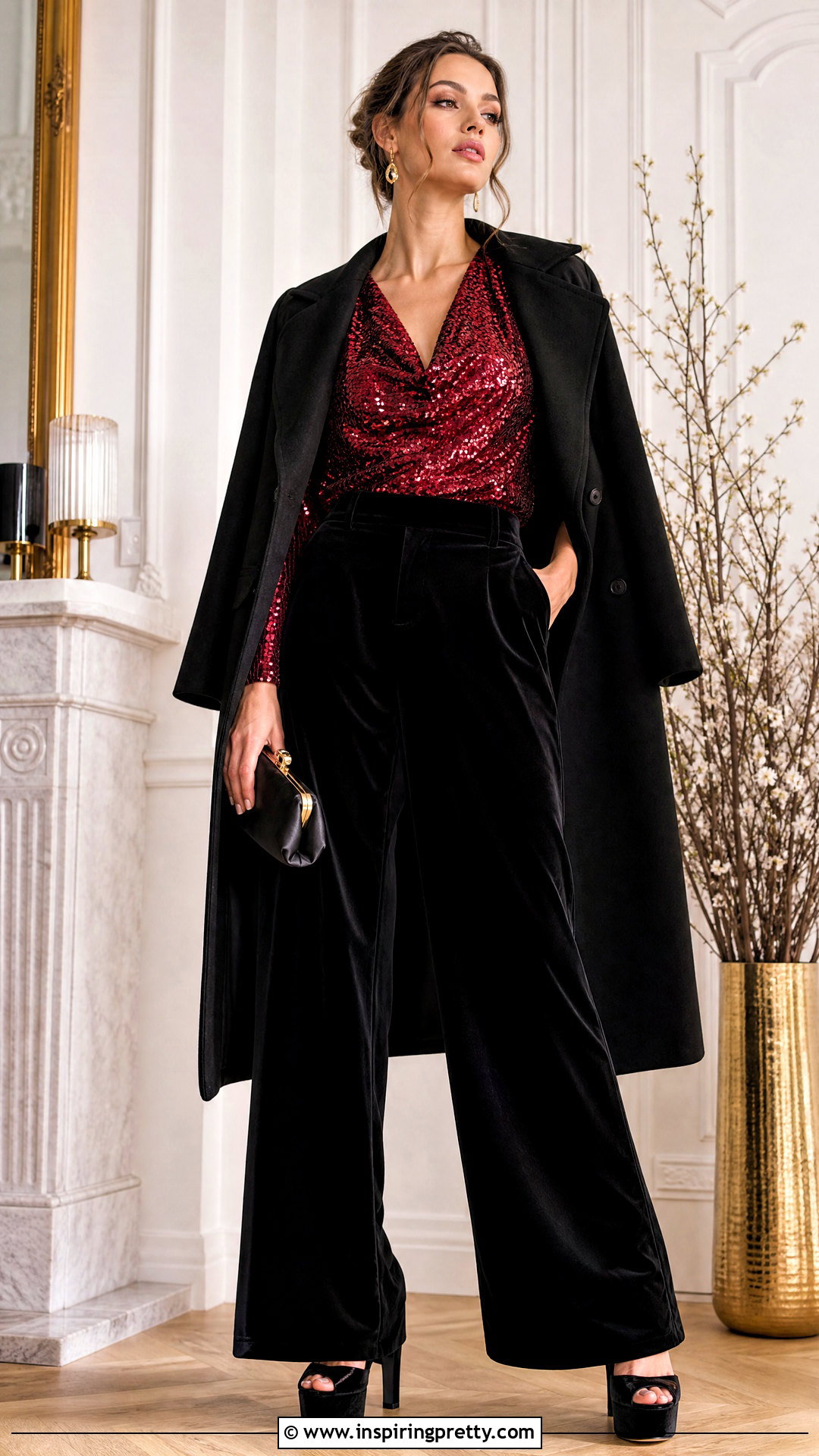 Red Sequin Top With Black Velvet Trousers - what to wear with red sequin top (25 ways)
