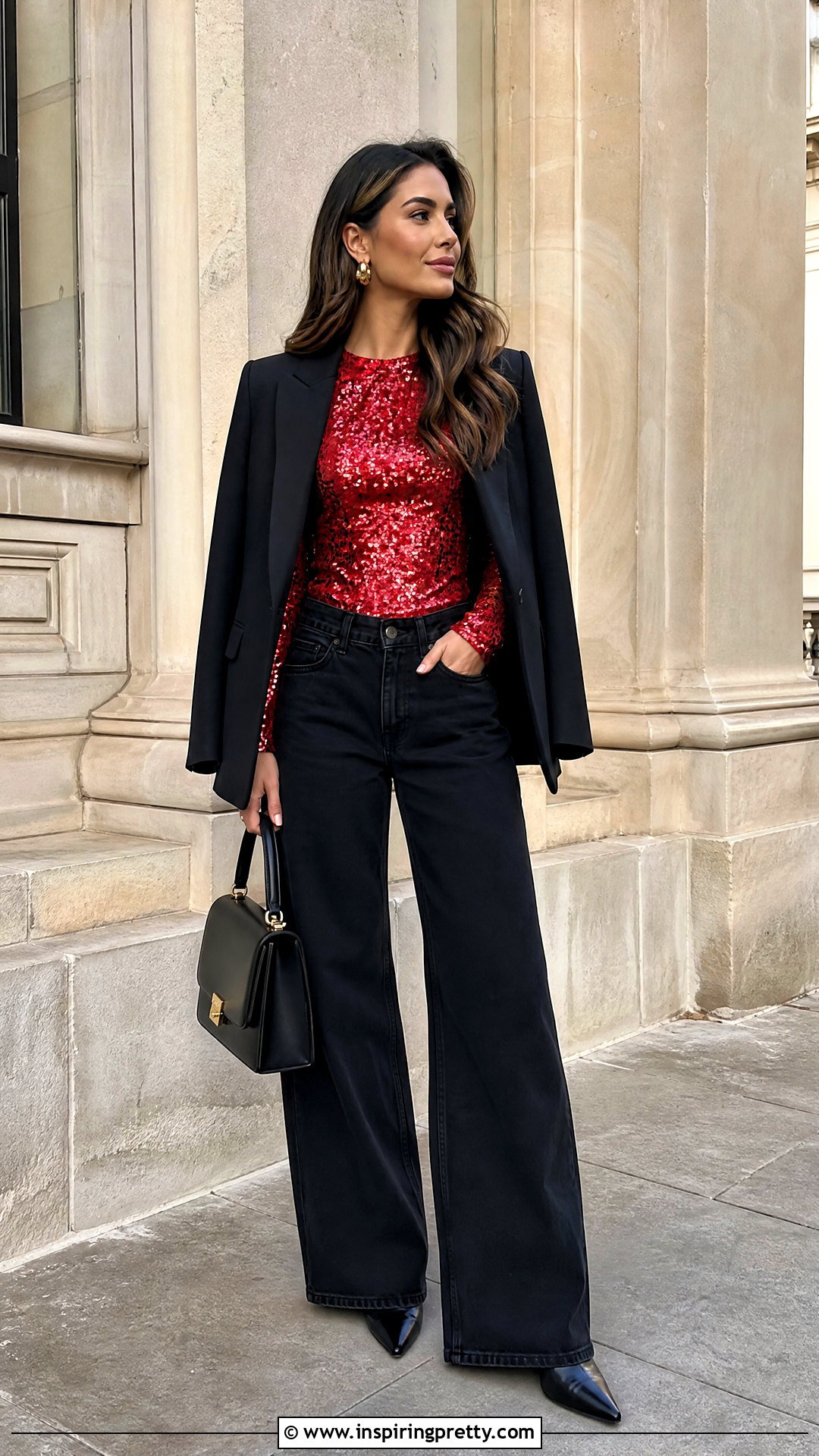 Red Sequin Top With Black Wide Leg Jeans - 25 shiny tops for women