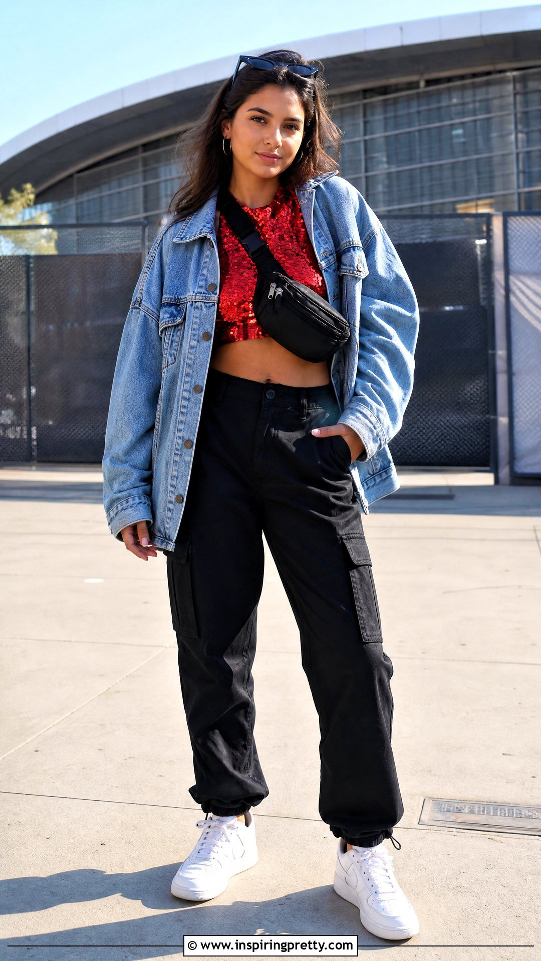 Red Sequin Top With Cargo Pants And Sneakers - what to wear with red sequin top (25 ways)
